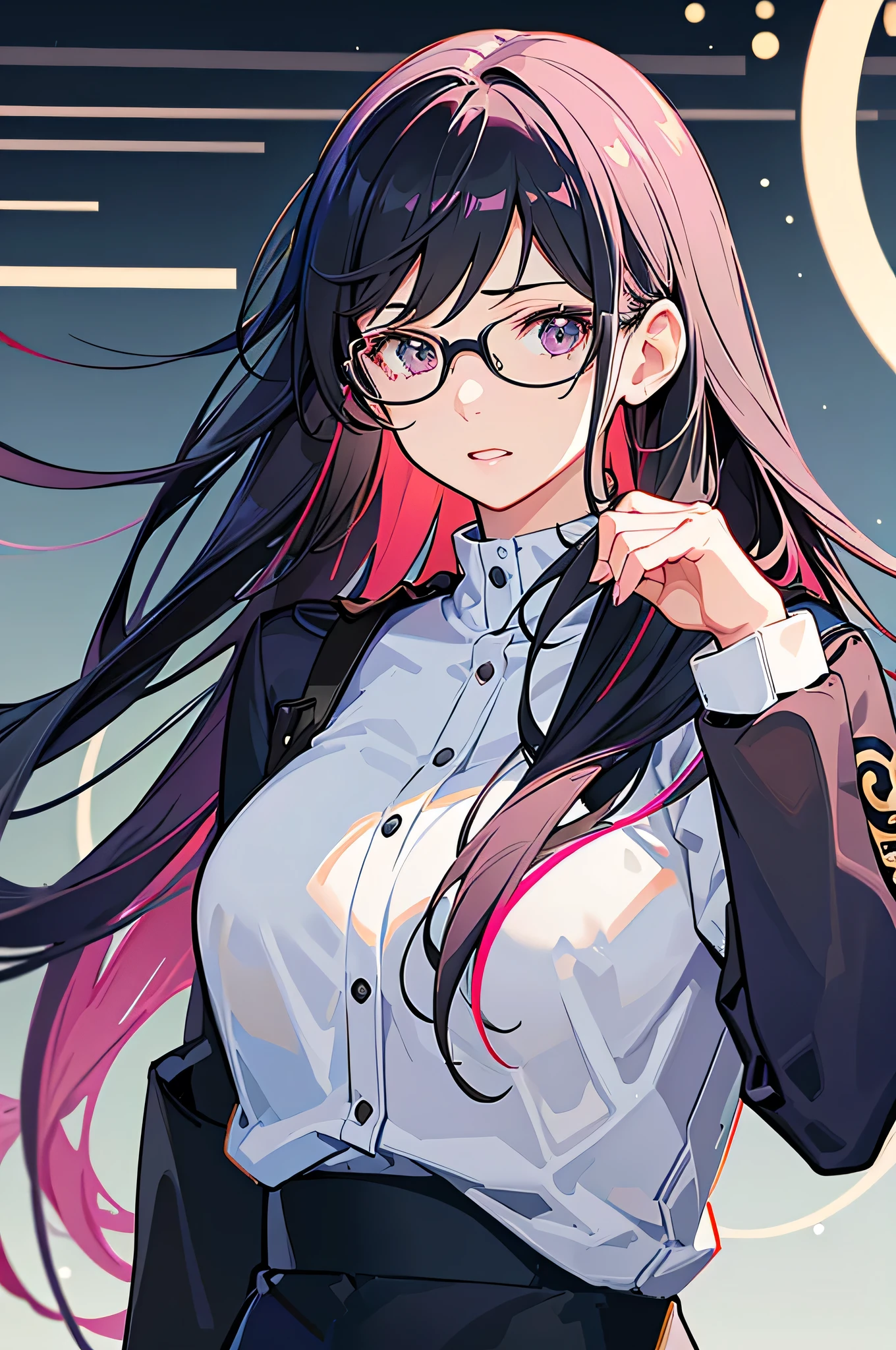 1girl, detailed portrait, university student, female scientist, lab coat, glasses, large breasts, long black hair, modern Tokyo, anime style, (best quality, 4k, 8k, highres, masterpiece:1.2), ultra-detailed, (realistic, photorealistic, photo-realistic:1.37), HDR, UHD, studio lighting, ultra-fine painting, sharp focus, physically-based rendering, extreme detail description, professional, vivid colors, bokeh