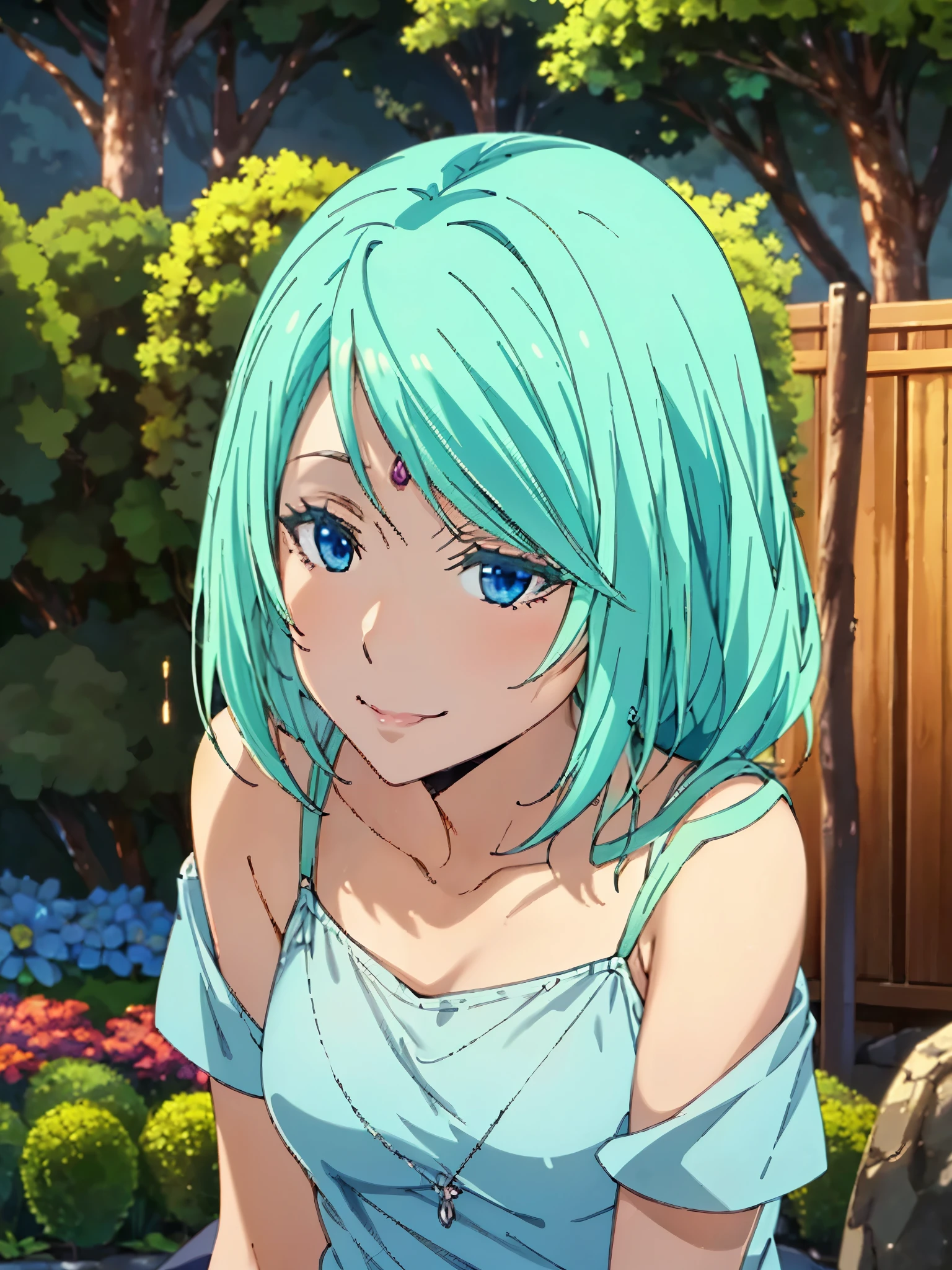 Highest quality、High resolution、whole body、One Girl、Miulan、 Green Hair、Shortcuts、camisole、Shorts、sexy、Beautiful and attractive blue eyes、Highly detailed face、smile、Mouth closed、smile,garden,Private Server、4K,8k,Extremely detailed CG、High resolution、超High resolution, Perfect lighting, Extremely detailed CG、Physically Based Rendering、(Genuine、Realisticな、Realistic)、(Anime illustration style:1.3)、Standing,Beautiful thighs、