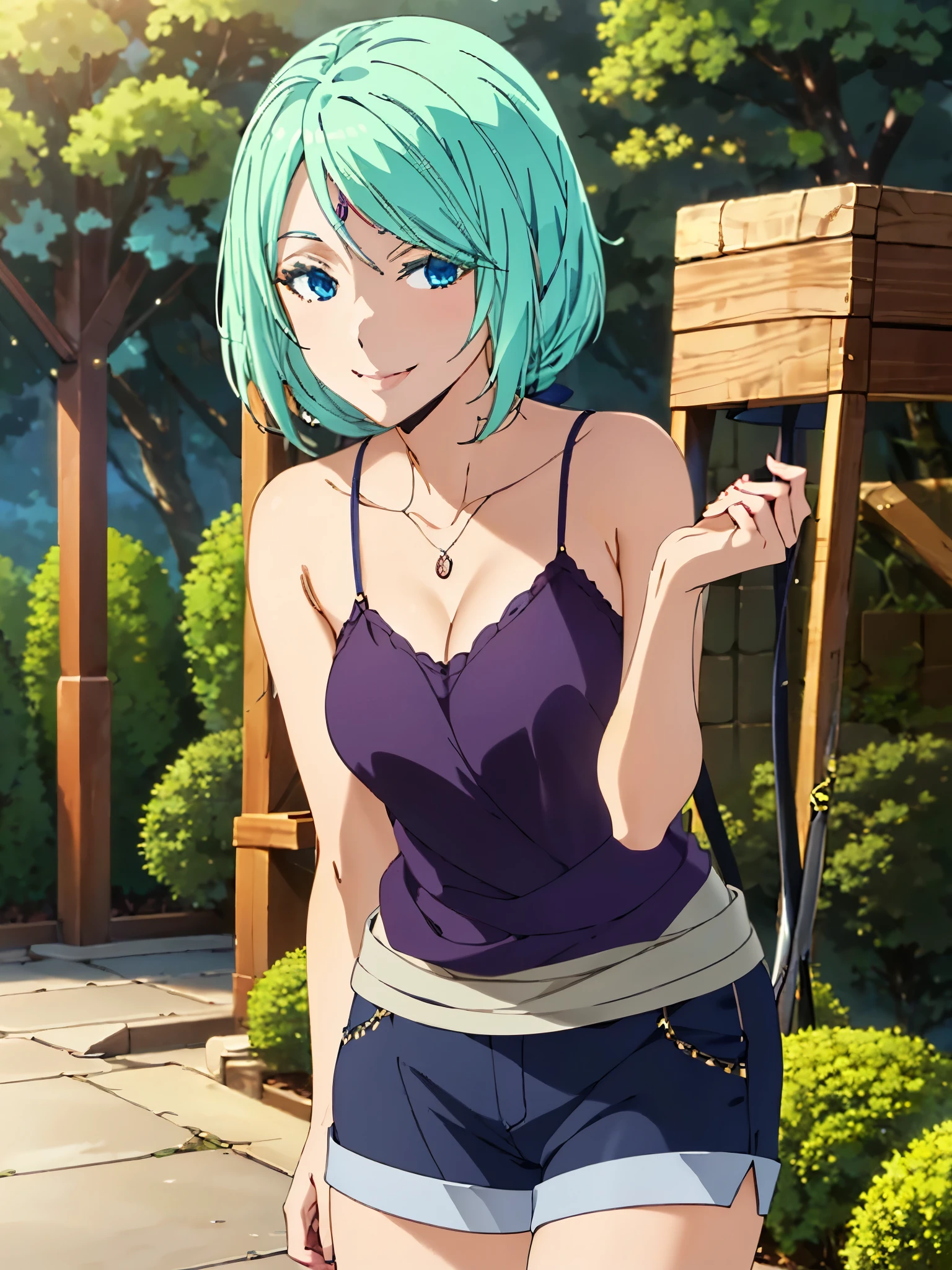 Highest quality、High resolution、whole body、One Girl、Miulan、 Green Hair、Shortcuts、camisole、Shorts、sexy、Beautiful and attractive blue eyes、Highly detailed face、smile、Mouth closed、smile,garden,Private Server、4K,8k,Extremely detailed CG、High resolution、超High resolution, Perfect lighting, Extremely detailed CG、Physically Based Rendering、(Genuine、Realisticな、Realistic)、(Anime illustration style:1.3)、Standing,Beautiful thighs、