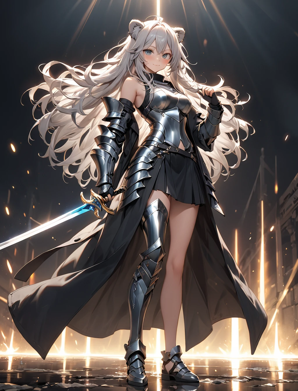 (1lady, (Shishiro Botan:1.5), silver hair, two side up, (frizzy hair:1.2), lion ears, gray eyes, (black mods coat + far:1.3), black sleeve less inner, navel baring, (black side zipper skirt), (slender body:1.3), naughty smile, small head, (hololive)), (Masterpiece: 1.3), best quality, (Maximum Resolution: 1.2), ultra-detailed, cinematic, details, vibrant colors, dramatic lighting, Perfect Beautiful Face, Perfect Beautiful Proportioned Body, (Detailed Eyes and Skin), (Detailed Facial Features), Accurate and Anatomically Correct Face and Body Balance, (Wild mercenary Knight girl:1.3), (Wild Knight's Shiny Iron Armor:1.6), Cool and stylish, (Shiny metal expression:1.2), (Specular Reflection Coating:1.2), Attractive female knight, Alone, (Holding a simple long sword in hand:1.5), (shining sword), mercenary captain, Strong and fleeting eyes, Functional, Divine Protection, Wild, (full body:1.5), (fighting pose),