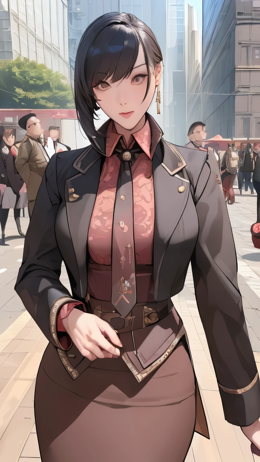 (masterpiece:1.3), (Disorganized:1.3), (highest quality:1.3),(Perfect Anatomy),Detailed facial information,Steampunk,Victorian Era,Hongkong,Kowloon Relics,Horizontal Angle,hand,(Looking at the audience), (Looks super detailed:1.3),(The best shadow:0.7), Solitary,(Dyed hair), Angled Bob Hairstyle,Beautiful eyes, Beautiful eyes, ),officer,Solitary, Standing, Crystal Earrings,closure_Mouth, hand臂_In the back_return, (military uniform,badge,Inverness Coat,Pencil Skirt,tie), Outdoor rest, Threatening posture,Cowboy shooting