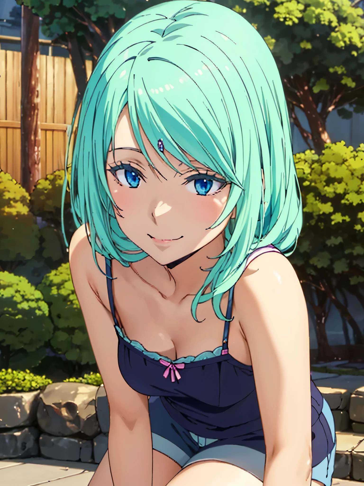 Highest quality、High resolution、whole body、One Girl、Miulan、 Green Hair、Shortcuts、camisole、Shorts、sexy、Beautiful and attractive blue eyes、Highly detailed face、smile、Mouth closed、smile,garden,Private Server、4K,8k,Extremely detailed CG、High resolution、超High resolution, Perfect lighting, Extremely detailed CG、Physically Based Rendering、(Genuine、Realisticな、Realistic)、(Anime illustration style:1.3)、Standing,Beautiful thighs、