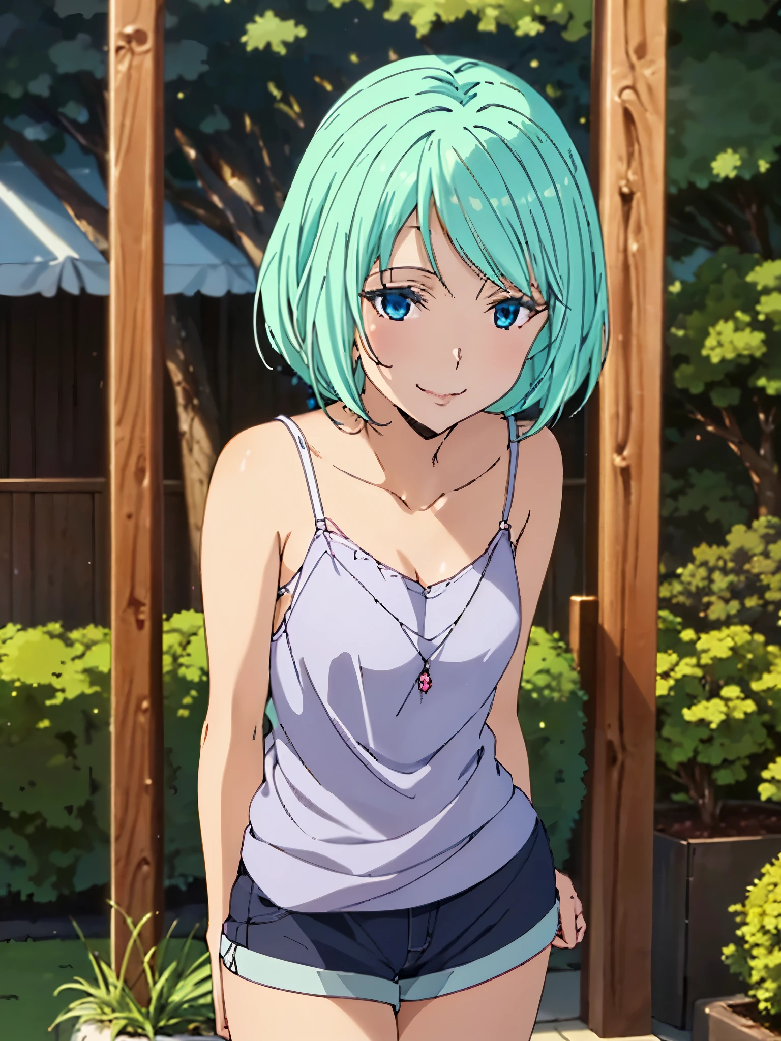 Highest quality、High resolution、whole body、One Girl、Miulan、 Green Hair、Shortcuts、camisole、Shorts、sexy、Beautiful and attractive blue eyes、Highly detailed face、smile、Mouth closed、smile,garden,Private Server、4K,8k,Extremely detailed CG、High resolution、超High resolution, Perfect lighting, Extremely detailed CG、Physically Based Rendering、(Genuine、Realisticな、Realistic)、(Anime illustration style:1.3)、Standing,Beautiful thighs、