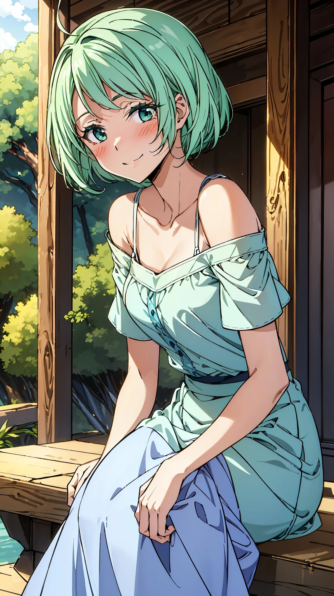 16K、masterpiece、High resolution、((Myulan))、Medium chest、Green Hair、(short hair)、((Summer clothes、White long skirt))、blush、smile、(Angle from below)、