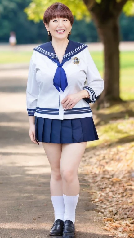 Japanese Mature,(60 years old:1.2),White skin,(Plump figure,Large Breasts,Emphasizes plump thighs:1.1),(Japanese high school uniform,Sailor suit,neckerchief,Ultra short micro mini skirt,Short socks,Wearing loafers:1.2),Wearing earrings,(Standing in the park,Full body shot from head to toe:1.2),Mature woman wearing high school uniform,full body,looking at viewer,smile,surrealism, depth of field, from below, Sony FE, 8k