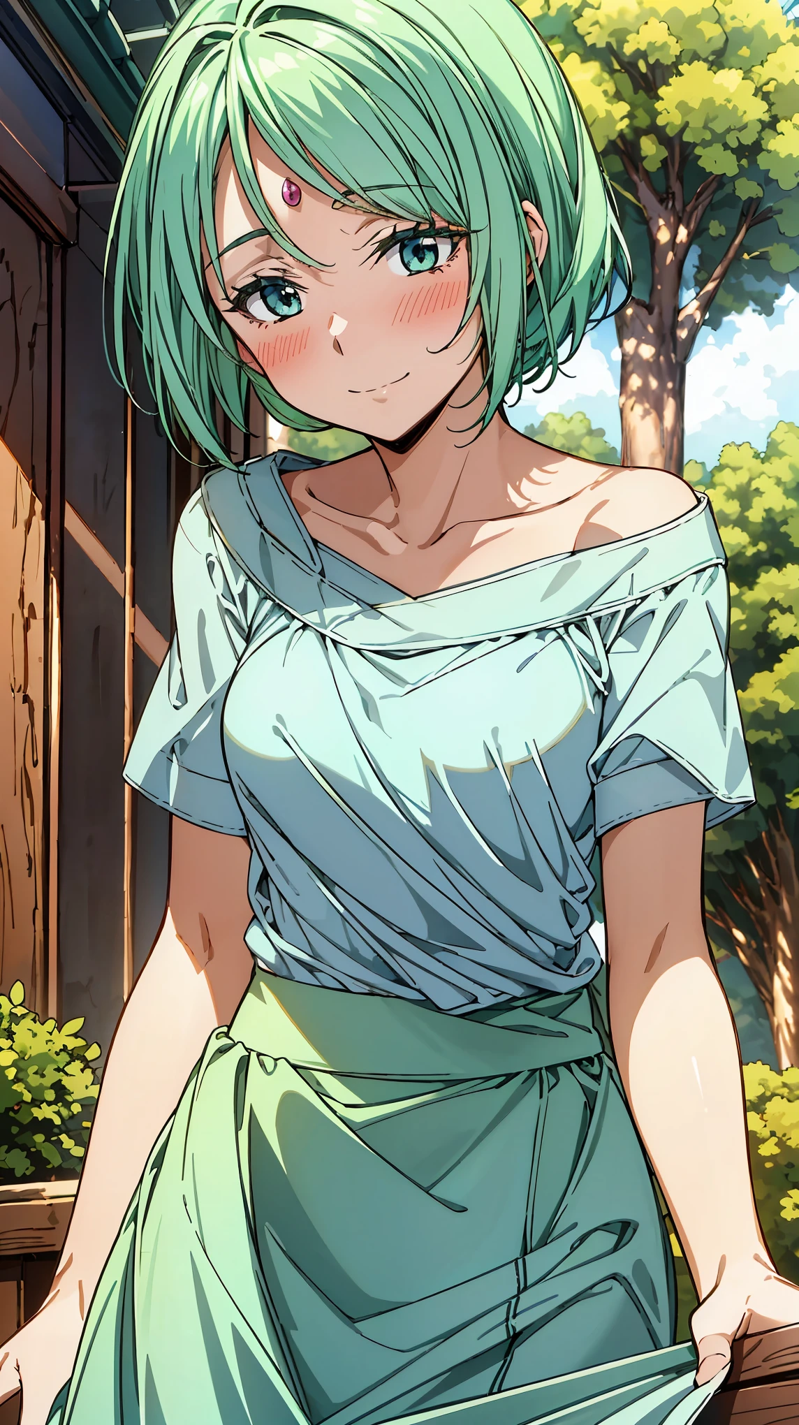 16K、masterpiece、High resolution、((Myulan))、Medium chest、Green Hair、(short hair)、((Summer clothes、White long skirt))、blush、smile、(Angle from below)、