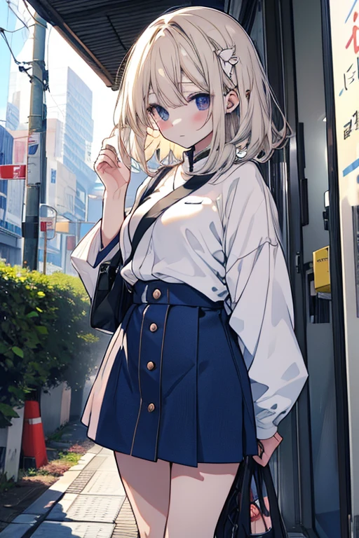1 girl, smile, shirt, skirt, (small) chiralism,