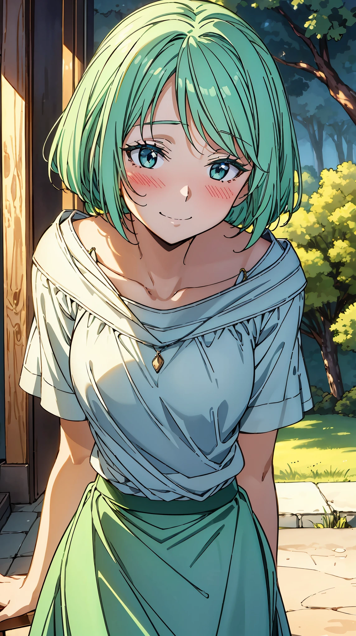 16K、masterpiece、High resolution、((Myulan))、Medium chest、Green Hair、(short hair)、((Summer clothes、White long skirt))、blush、smile、(Angle from below)、