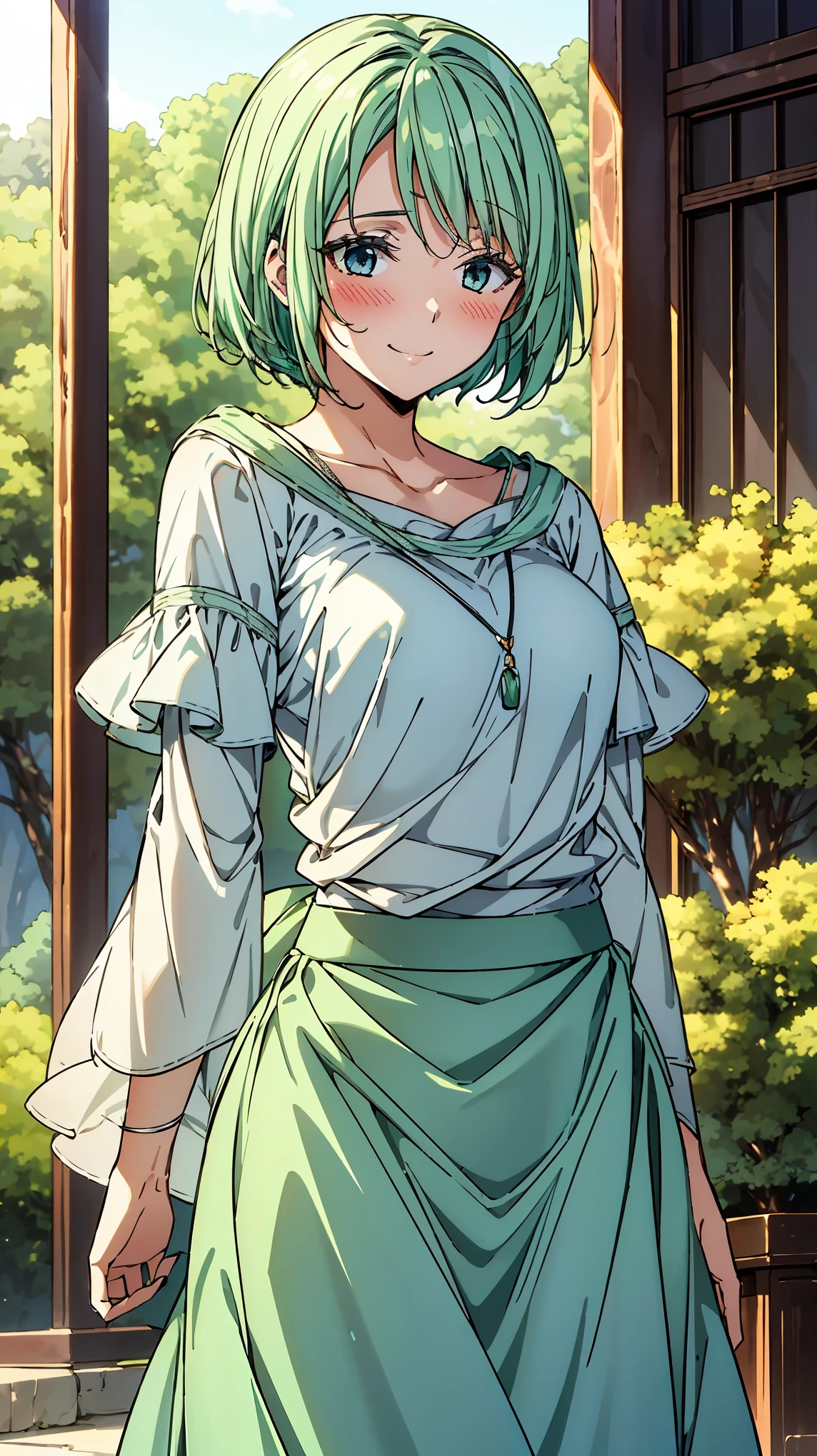 16K、masterpiece、High resolution、((Myulan))、Medium chest、Green Hair、(short hair)、((Summer clothes、White long skirt))、blush、smile、(Angle from below)、