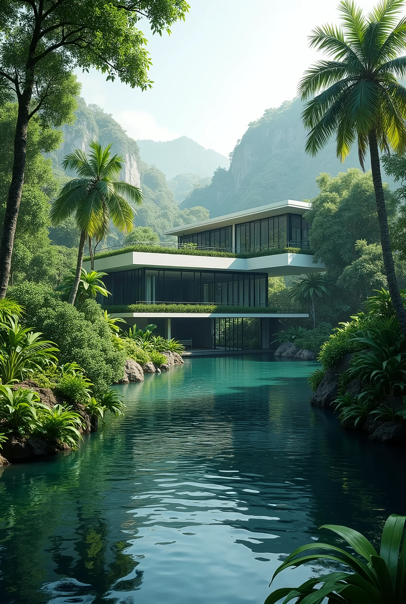 There is a large house that is next to a body of water - SeaArt AI