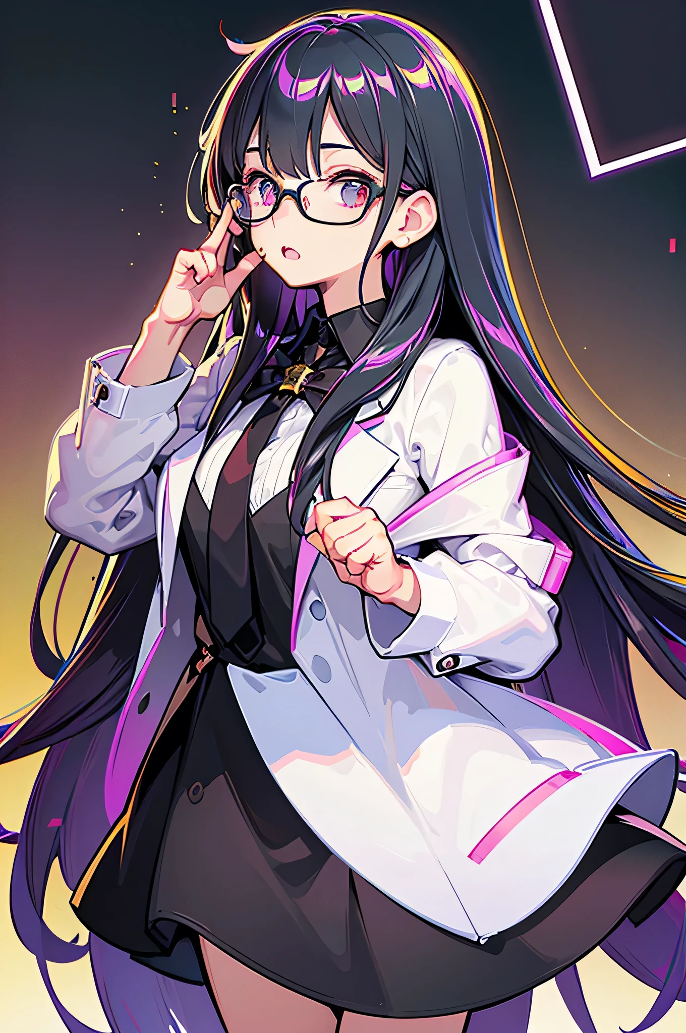 1girl, detailed portrait, university student, female scientist, lab coat, glasses, large breasts, long black hair, modern Tokyo, anime style, (best quality, 4k, 8k, highres, masterpiece:1.2), ultra-detailed, (realistic, photorealistic, photo-realistic:1.37), HDR, UHD, studio lighting, ultra-fine painting, sharp focus, physically-based rendering, extreme detail description, professional, vivid colors, bokeh