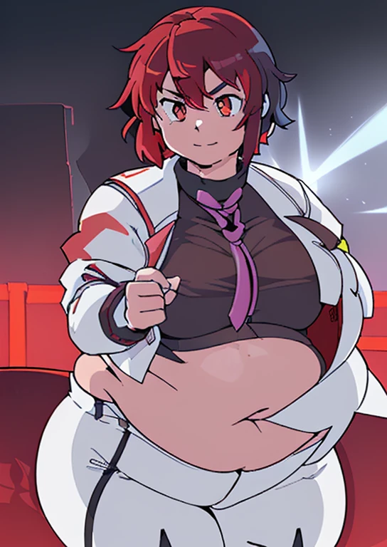 ((best quality, 4k, 8k, anime girl, masterpiece)), ((((beautiful extremely detailed face)))), (((beautiful eyes, red eyes))), cinematic lighting, ((perfect anatomy)), (((chubby, SSBBW, tall, very thick legs, ultra thick, (((very huge belly, round belly, huge bulging belly, extremely thick belly, smooth belly))), skinny arms, wide breasts))), (full body view), ((thick outlines, anime style, neon colours)), (((raiko horikawa))), (((white jacket, long pants, dark gray shirt, necktie))), (((vibrant red hair, short hair, bangs))), sharp smile, (city lights, cliff, fog, fence),