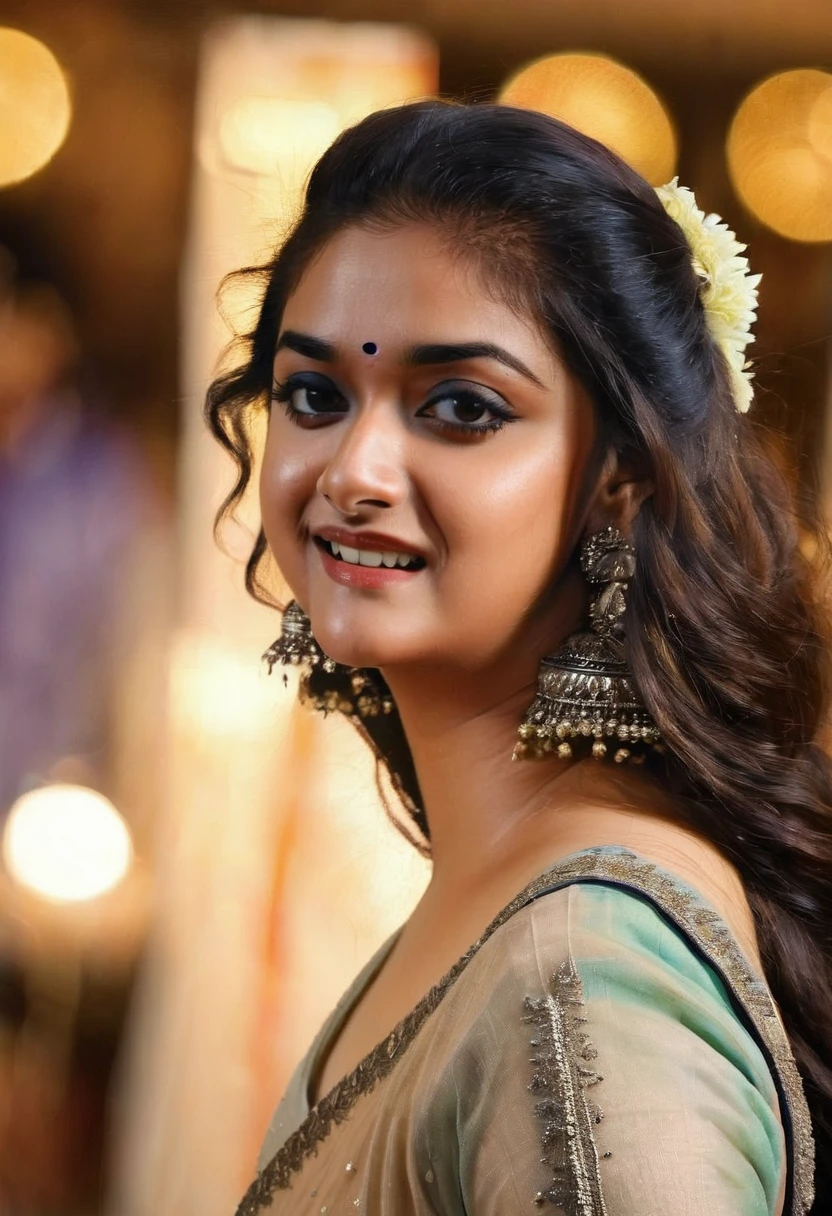 Portrait of A confident-looking indian beautiful actress keerthi suresh, royal princess with long flowing hair, hazel eyes, wearing saaree, sitting in saloon, back ground big saloon, twilight time, camp fire framing, bokeh, perfect composition, hyperrealistic, super detailed, 8k, high quality, trending art, trending on artstation, sharp focus, photo , intricate details, highly detailed, art by greg rutkowski