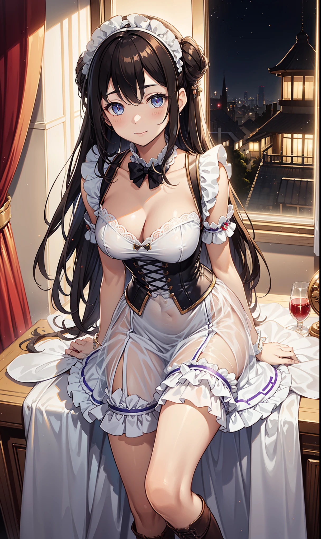 Naughty Maid、Standing elegantly in a vivid anime world。Wearing a glamorous dress、Captivate with sexy poses。In the background is a luxurious room with luxurious decorations.、It further enhances her presence.。Her eyes shine seductively、Everyone will be fascinated by its charm.。