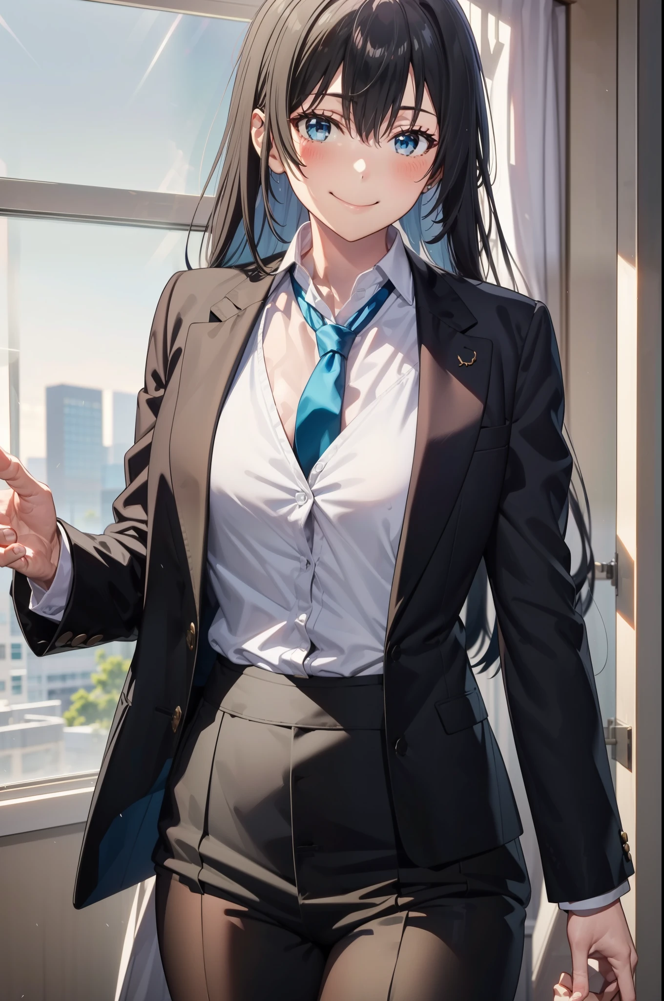 Yukinoshita Yukino wears a tuxedo coat, 1girl, Snafu anime, Female Butler, Elegant blue evening tie, collared shirt, bloomers, Black tail coat, Detailed background of the room, eyes blue, closed mouth, Smileing, A very sexy girl in a suit and tie is standing by the window, 1girl, solo, necktie, Black hair, eyes blue, long  hair, smile, jacket, looking at the scenes, shirt, bloomers, blue necktie, collared shirt, white pants, white shirt, indoors, explosions, long-sleeved, closed mouth, window, black jacket, blush, cowboy shot, ceremonial, Yukinoshita Yukino suit, A woman in a black suit and blue tie is standing next to the windowsill, 1girl, solo, necktie, eyes blue, jacket