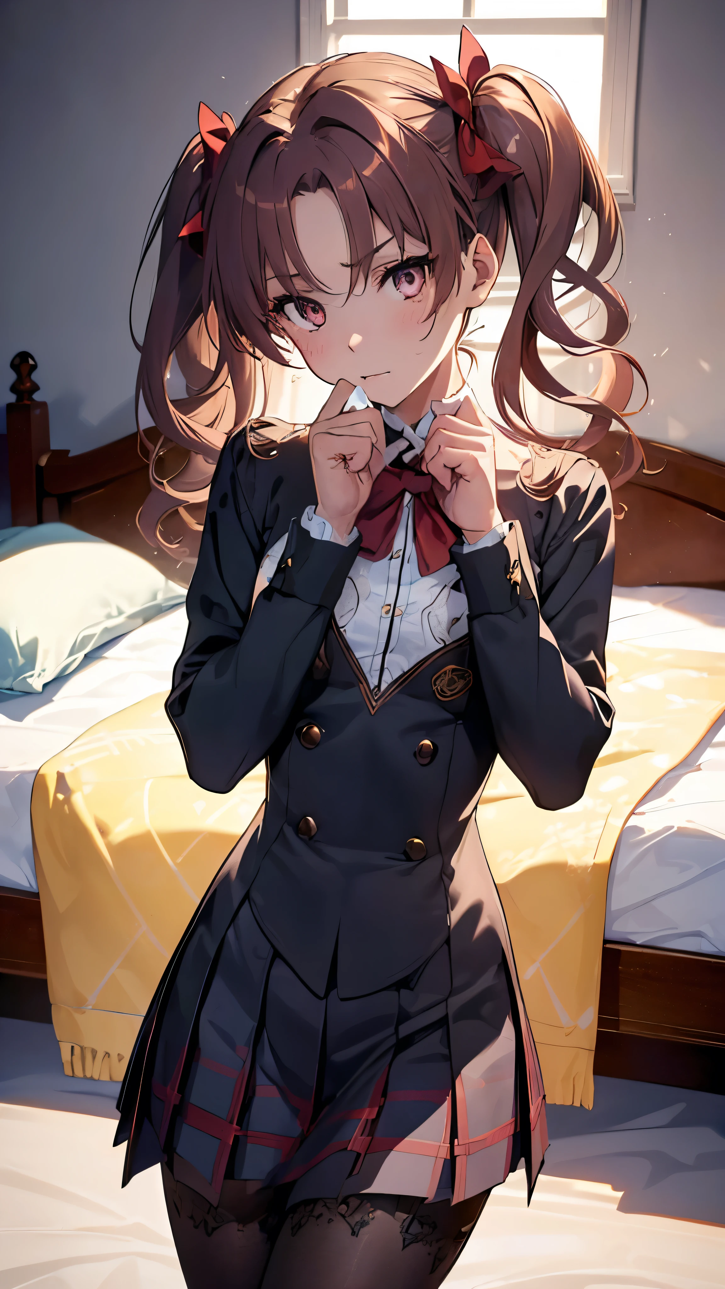 (((Super detailed:1.3))), intricate iris details, attractive eye reflection, Eye-catching highlight, Depth and three-dimensionality of pupils, Subtle color changes in the iris, Carefully finishes every detail of your eyelashes.Depth and three-dimensionality of pupils, masterpiece, 8K, Very detailed CG, Super detailed, (((perfect hands:1.2))), (((perfect anatomy:1.2))), 1 girl, beautiful face: 1.1, bright light, moody lighting, Natural light, best illumination, small breasts, beautiful breasts, shiny hair, floating hair, shining eyes, Happy, detailed face, fine eyes, Skin Details Animation, Suite Room, wide々Double bed, (luxury bedroom: 1.3), full body, looking at the viewer, (plaid skirt), ⑨Others:(tight waist、slender body、small head、seven-headed body, beautiful feet, beauty of footboard),((very tight clothes)) twin tails、brown hair、red ribbon、Tokiwadai School Uniforms、open stance、hand on waist