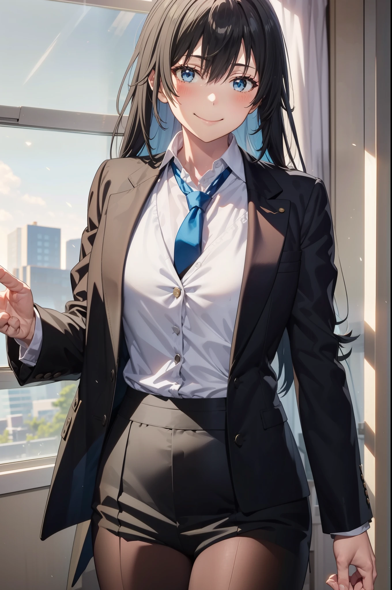 Yukinoshita Yukino wears a tuxedo coat, 1girl, Snafu anime, Female Butler, Elegant blue evening tie, collared shirt, bloomers, Black tail coat, Detailed background of the room, eyes blue, closed mouth, Smileing, A very sexy girl in a suit and tie is standing by the window, 1girl, solo, necktie, Black hair, eyes blue, long  hair, smile, jacket, looking at the scenes, shirt, bloomers, blue necktie, collared shirt, white pants, white shirt, indoors, explosions, long-sleeved, closed mouth, window, black jacket, blush, cowboy shot, ceremonial, Yukinoshita Yukino suit, A woman in a black suit and blue tie is standing next to the windowsill, 1girl, solo, necktie, eyes blue, jacket