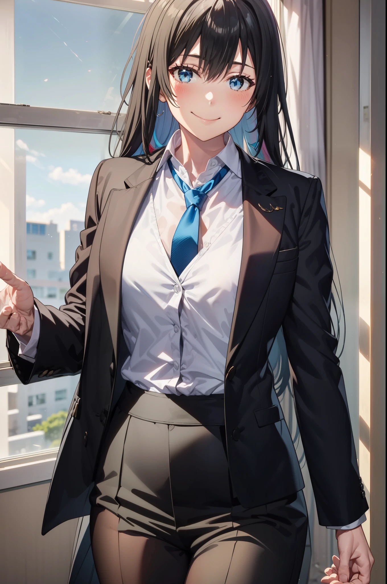 Yukinoshita Yukino wears a tuxedo coat, 1girl, Snafu anime, Female Butler, Elegant blue evening tie, collared shirt, bloomers, Black tail coat, Detailed background of the room, eyes blue, closed mouth, Smileing, A very sexy girl in a suit and tie is standing by the window, 1girl, solo, necktie, Black hair, eyes blue, long  hair, smile, jacket, looking at the scenes, shirt, bloomers, blue necktie, collared shirt, white pants, white shirt, indoors, explosions, long-sleeved, closed mouth, window, black jacket, blush, cowboy shot, ceremonial, Yukinoshita Yukino suit, A woman in a black suit and blue tie is standing next to the windowsill, 1girl, solo, necktie, eyes blue, jacket