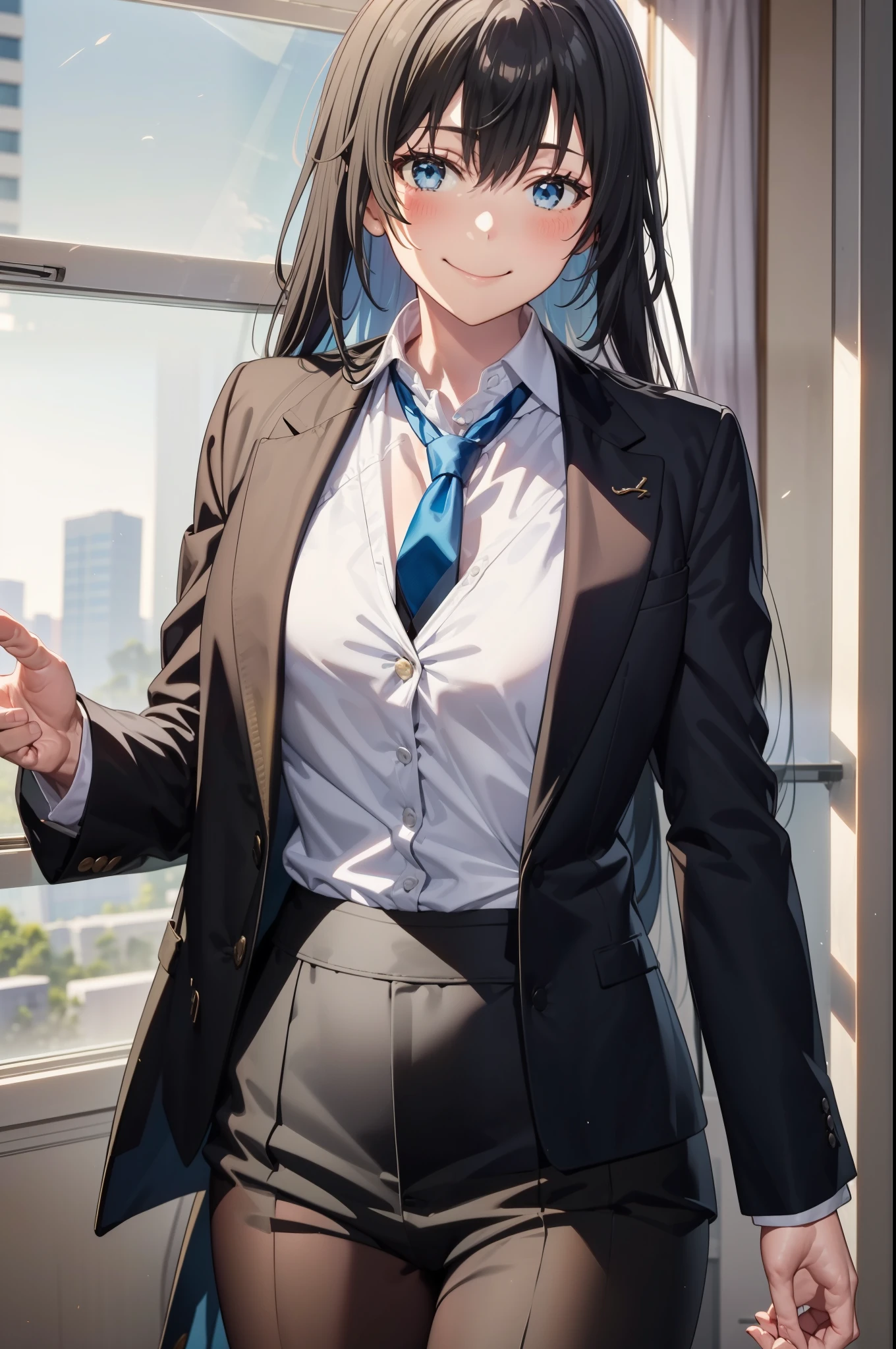 Yukinoshita Yukino wears a tuxedo coat, 1girl, Snafu anime, Female Butler, Elegant blue evening tie, collared shirt, bloomers, Black tail coat, Detailed background of the room, eyes blue, closed mouth, Smileing, A very sexy girl in a suit and tie is standing by the window, 1girl, solo, necktie, Black hair, eyes blue, long  hair, smile, jacket, looking at the scenes, shirt, bloomers, blue necktie, collared shirt, white pants, white shirt, indoors, explosions, long-sleeved, closed mouth, window, black jacket, blush, cowboy shot, ceremonial, Yukinoshita Yukino suit, A woman in a black suit and blue tie is standing next to the windowsill, 1girl, solo, necktie, eyes blue, jacket