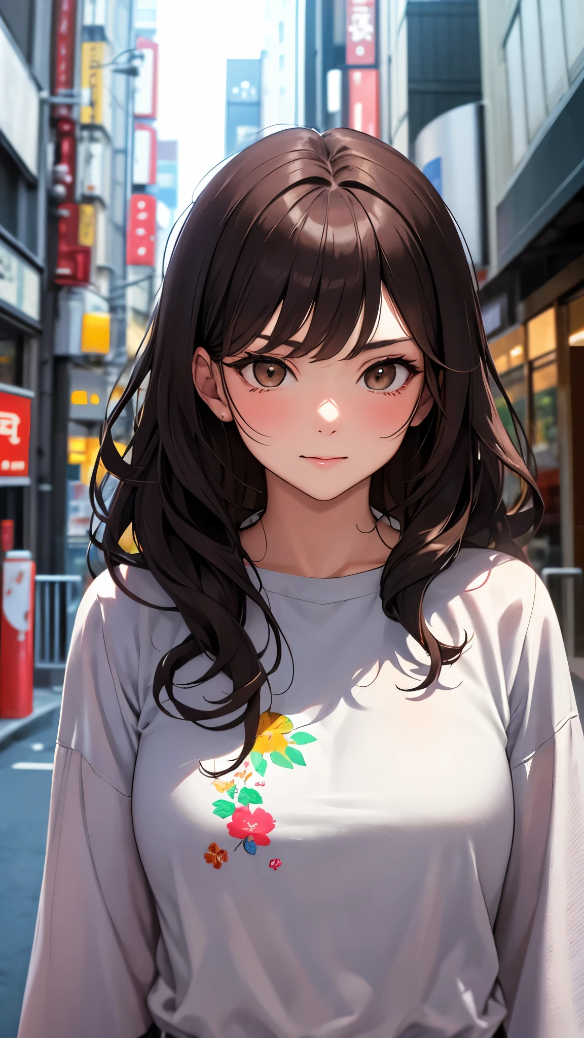 Masterpiece, best quality, Photo of a modern caucasian european woman with wavy dark hair, detailed brown eyes, and a floral shirt on tokyo street