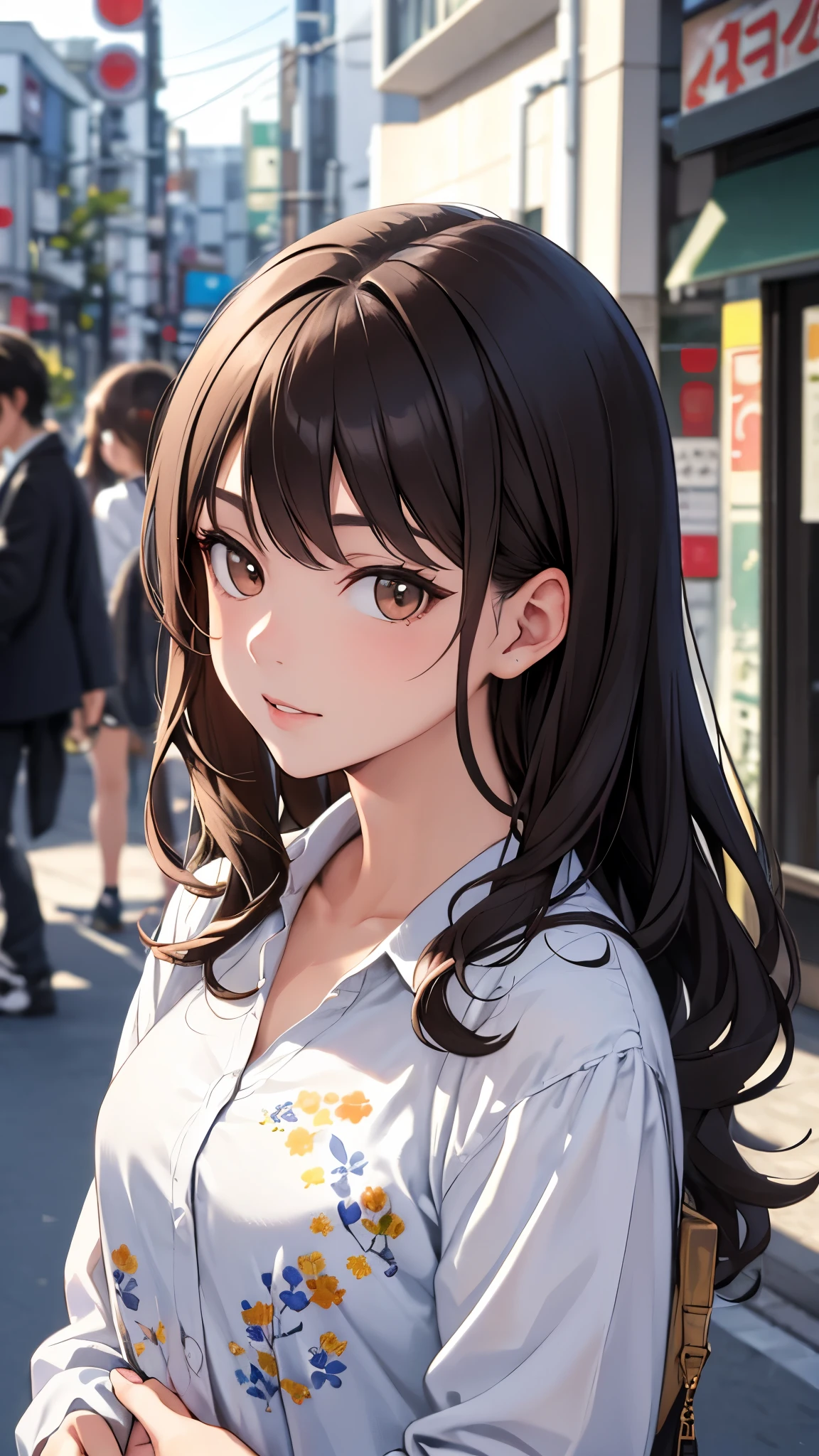 Masterpiece, best quality, Photo of a modern caucasian european woman with wavy dark hair, detailed brown eyes, and a floral shirt on tokyo street