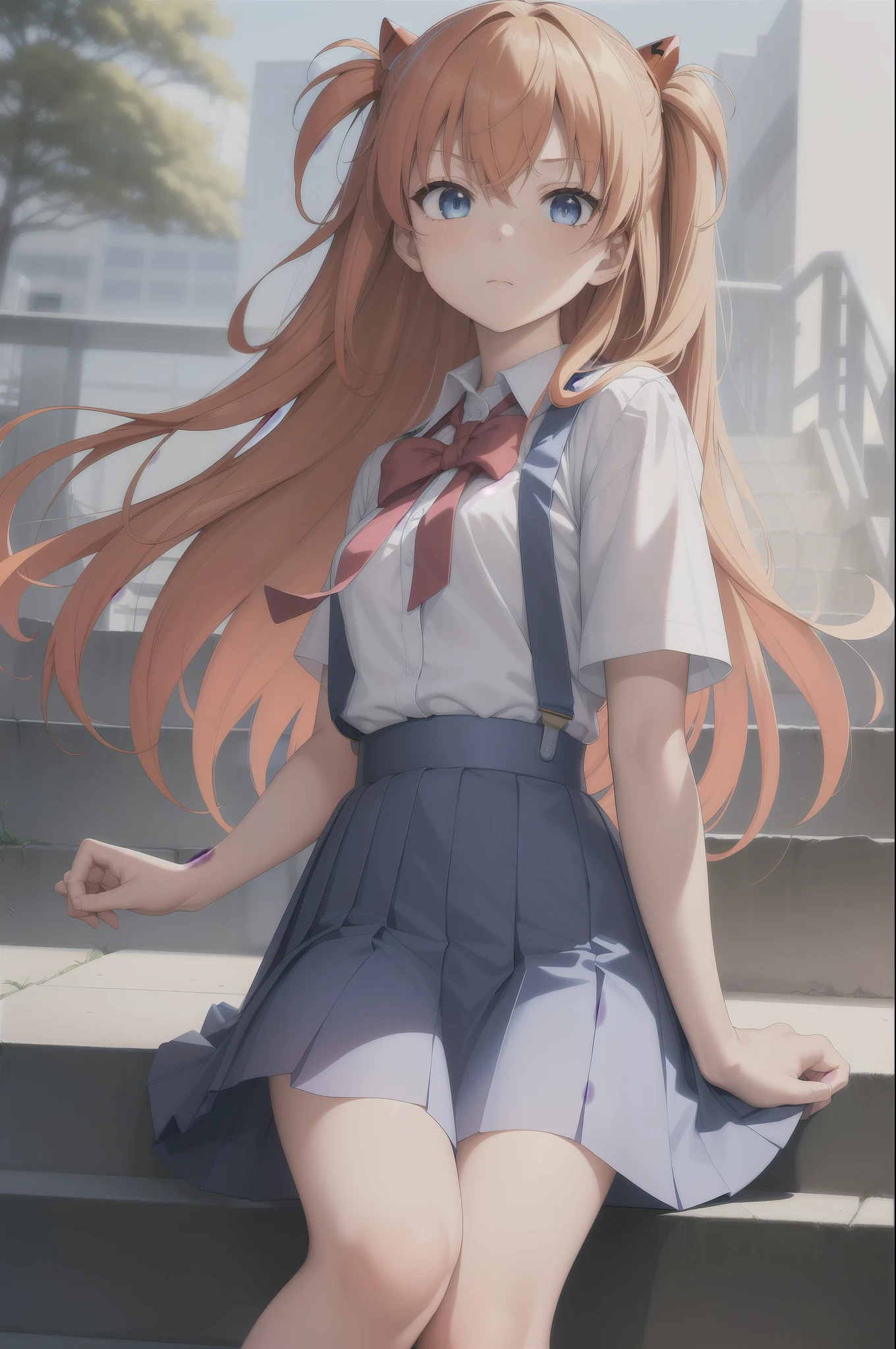 (masterpiece, best quality:1.2), (Tsuri Plum:1.2),
(Face Focus, Close-up of face, Close-up of face:1.2), Tsuri Plum, 1 Girl, Soryu Asuka Rangrai, Solitary, blue eyes, Uniforms, Looking at the audience, Long hair, look back, Tokyo 3 Central , Orange Hair, white shirt, From the back, shirt, Short sleeve, Shut up, Bangs, Both sides up, stairs, Feet out of frame, White socks, Suspender Skirt, 蓝色skirt, blue skirt, outdoor, skirt, Hair accessories,