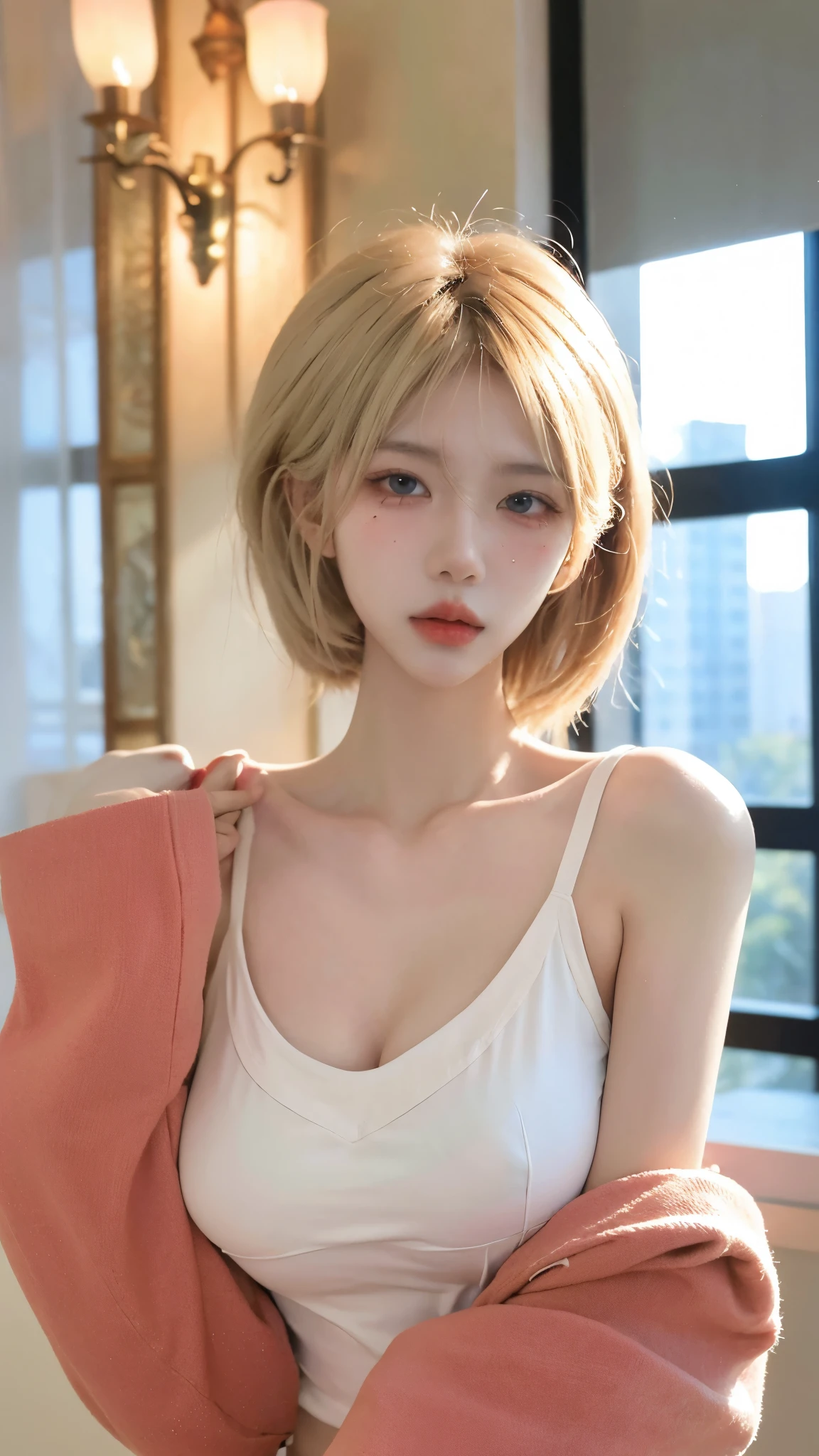 masutepiece, Best Quality, Illustration, Ultra-detailed, finely detail, hight resolution, 8K Wallpaper, Perfect dynamic composition, Beautiful detailed eyes, doress, Medium short hair,blond hair color ,Small breasts, Natural Color Lip, Random and sexy poses,Random situations,Slender body,Slender face