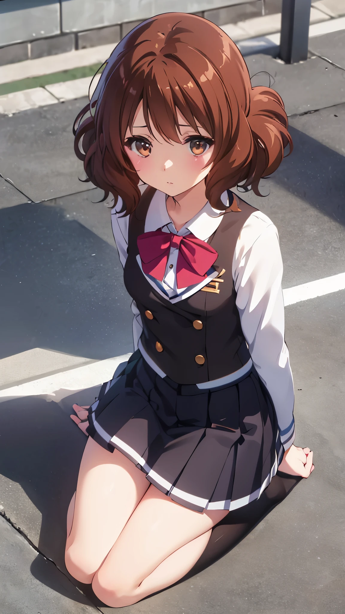 Highest quality, masterpiece, High resolution, (Head to Toe full body), front, frontComposition from slightly below, Symmetric, Tall 1 girl, alone, (Head to Toe), (Small breasts), disheveled brown hair, bangs, (black tights), (Black Pantyhose), (Sit with your legs apart), (Crouching pose), (A composition showing white panties), (She has her legs spread and her white panties are visible.), (Sit on the floor with your legs spread), (M-shaped foot), Thin legs, Very beautiful Tall 1 girl, (No shoes), blush, Shy big eyes, Looking into the camera, Blazer Uniform, Checkered Pleated Skirt、kumiko oumae