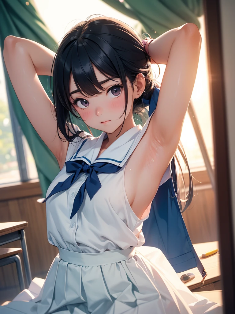 Highest quality, Super detailed, masterpiece, Ultra-high resolution, 8K, Embarrassing, blush, Lovely, Close one eye, With tears in her eyes and her mouth open, drooling, (arms behind head), wariza, (off-shoulder sailor uniform, micro mini skirt), cleavage out, crop top navel, 1girl, aragaki ayase, ore no imouto ga konna ni kawaii wake ga nai, (Twin tails), medium breasts, Absolute area, Waistline, (Shower room, I take a shower)