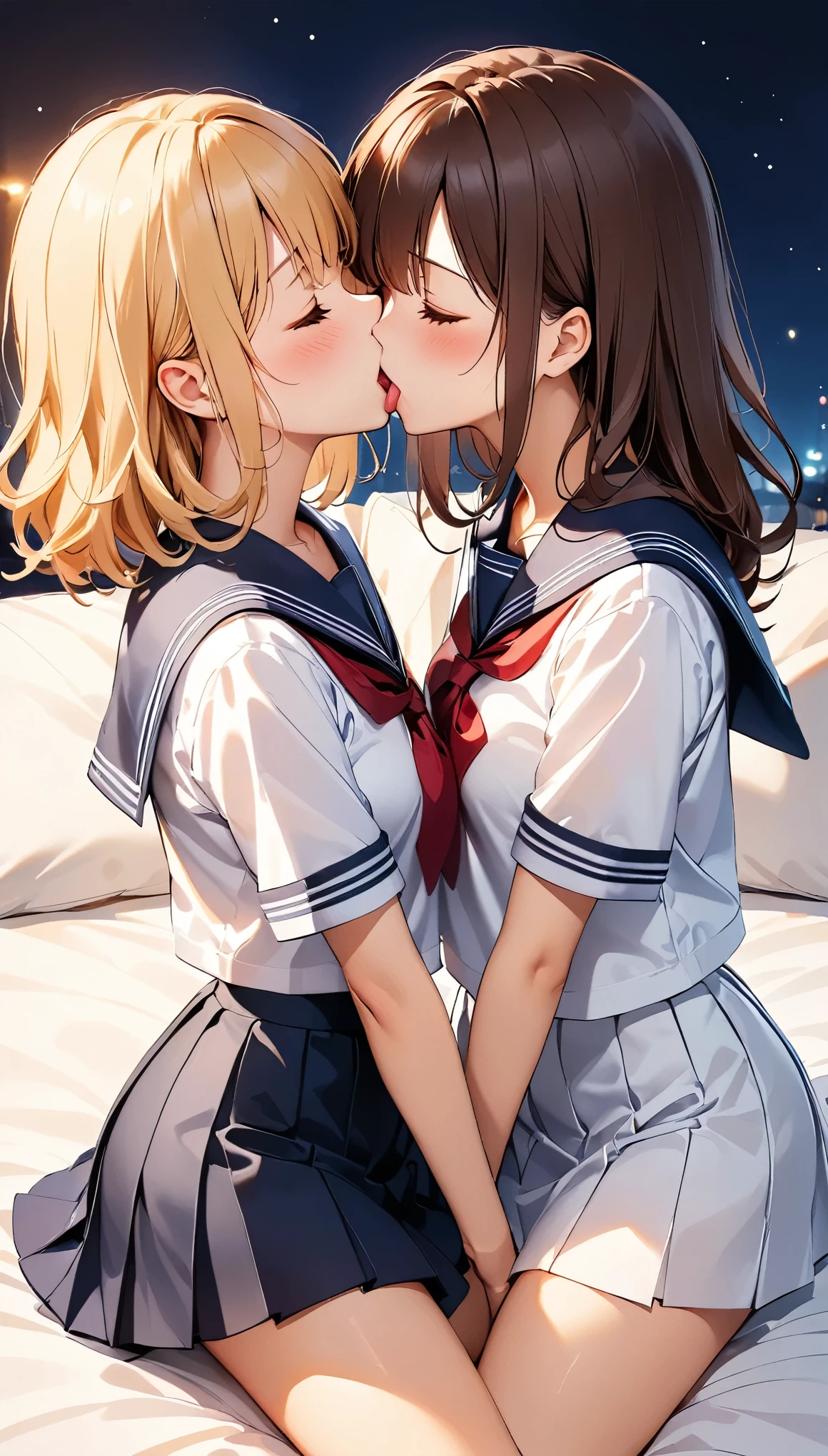 (Highest quality, 8k, 4K, High Contrast, masterpiece:1.2, Anime Style, Beautiful CG illustrations), 2 girls, Blonde hair and lilac eyes, Brown hair and brown eyes, BLANCING, Embarrassment, Sailor suit, mini skirt, French Kiss, Kiss on the mouth, Tongue kiss, Intimate, saliva, bedに腰かけて, Blushed, Close your eyes, night, Dim lighting, bed, Silk sheets, cushion.