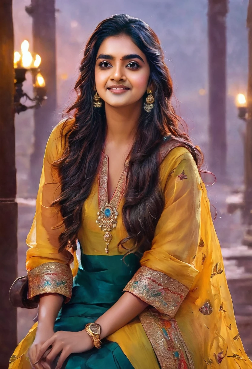 Portrait of A confident-looking indian beautiful actress keerthi suresh, royal princess with long flowing hair, hazel eyes, wearing saaree, sitting in saloon, back ground big saloon, twilight time, camp fire framing, bokeh, perfect composition, hyperrealistic, super detailed, 8k, high quality, trending art, trending on artstation, sharp focus, photo , intricate details, highly detailed, art by greg rutkowski