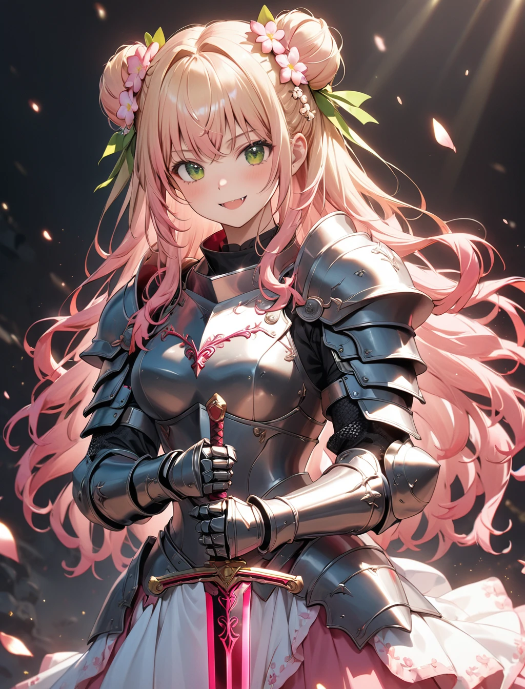 (1girl, (Momosuzu Nene:1.5), gradient hair, [blonde hair], pink hair, green eyes, {{long hair}}, double bun, medium breasts, fang, smile, flower hair ornament, wavy hair, (hololive)), (Masterpiece: 1.3), best quality, (Maximum Resolution: 1.2), ultra-detailed, cinematic, details, vibrant colors, dramatic lighting, Perfect Beautiful Face, Perfect Beautiful Proportioned Body, (Detailed Eyes and Skin), (Detailed Facial Features), Accurate and Anatomically Correct Face and Body Balance, (Wild mercenary Knight girl:1.3), (Wild Knight's Shiny Iron Armor:1.6), Cool and stylish, (Shiny metal expression:1.2), (Specular Reflection Coating:1.2), Attractive female knight, Alone, (Holding a simple long sword in hand:1.5), (shining sword), mercenary captain, Strong and fleeting eyes, Functional, Divine Protection, Wild, (full body:1.5), (fighting pose),