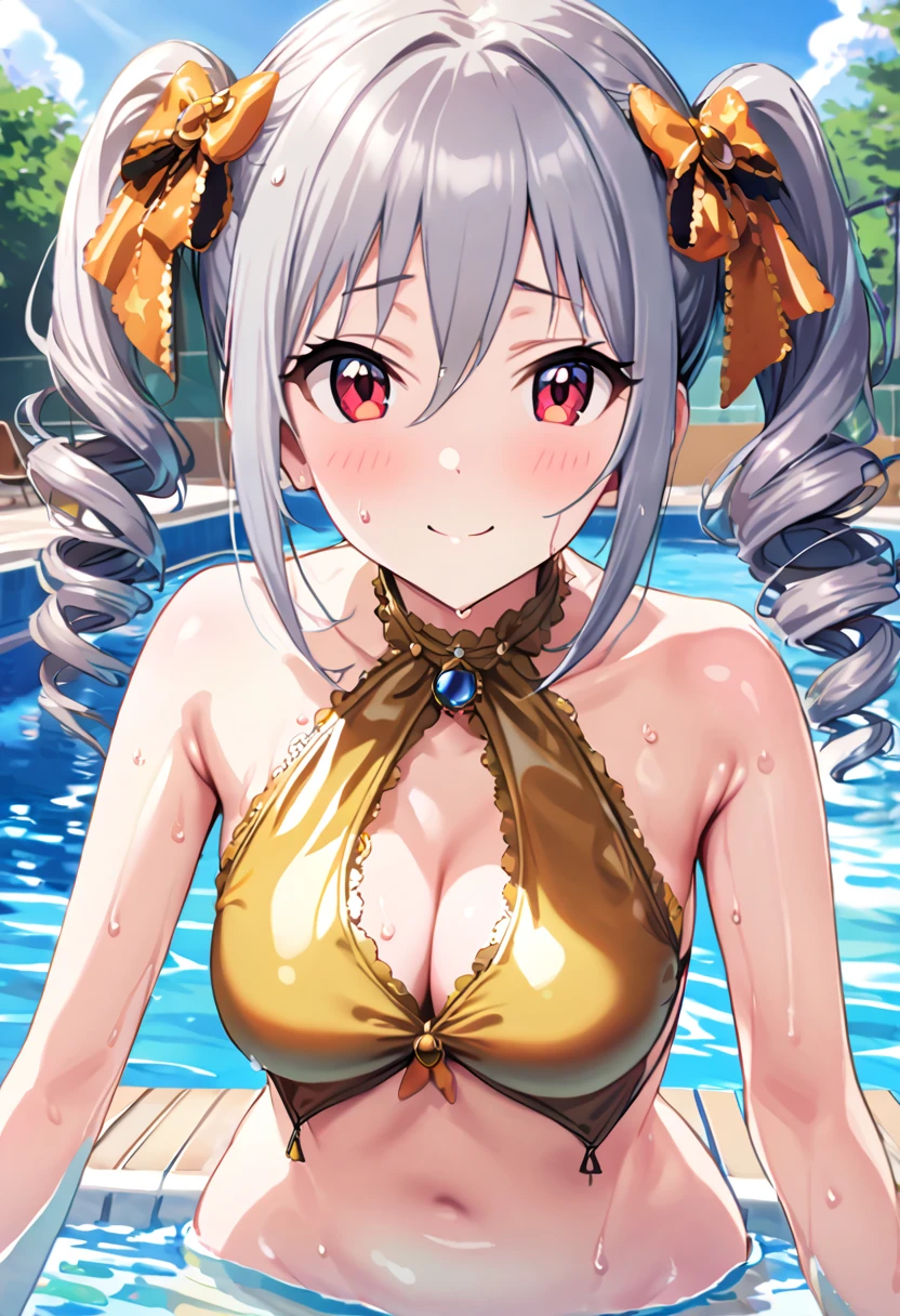 masterpiece, best quality, high quality, very young, 1girl. cheerful smile, knzkrnk, long hair, grey hair, sidelocks, twintails, drill hair, twin drills, bangs, hair between eyes, hair ornament, hair bow, red eyes, medium breasts, gold bikini, (shiny skin, sweat, wet), outdoor, poolside, sun, sunshine, [[cloud]], cowboy shot