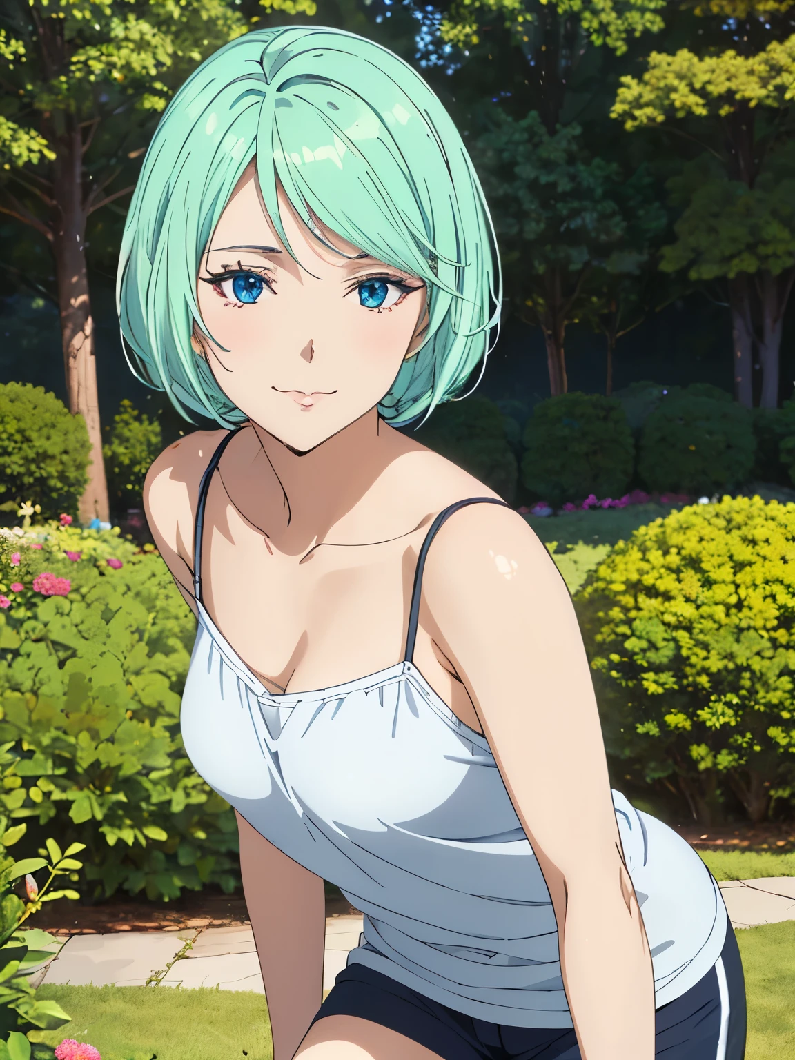 a beautiful detailed young girl with green short hair wearing a camisole and shorts standing in a garden, gorgeous blue eyes, extremely detailed face, closed mouth smiling, (best quality,4k,8k,highres,masterpiece:1.2),ultra-detailed,(realistic,photorealistic,photo-realistic:1.37),private server, hyperdetailed CGI, physically-based rendering, (anime illustration style:1.3), beautiful detailed thighs