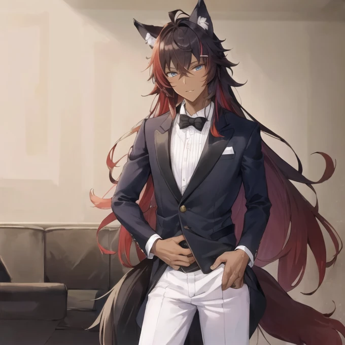 ((masterpiece, high quality, best quality:1.4)), 1boy, solo, animal ears, wolf ears, crimson hair, wolf boy, dark skin, dark-skinned male, long hair, blue eyes, extra ears, tail, wolf tail, long hair, gloves, white suit coat, purple suit, white pants, tall, facial mark, fingerless gloves, fang [lavish house background]