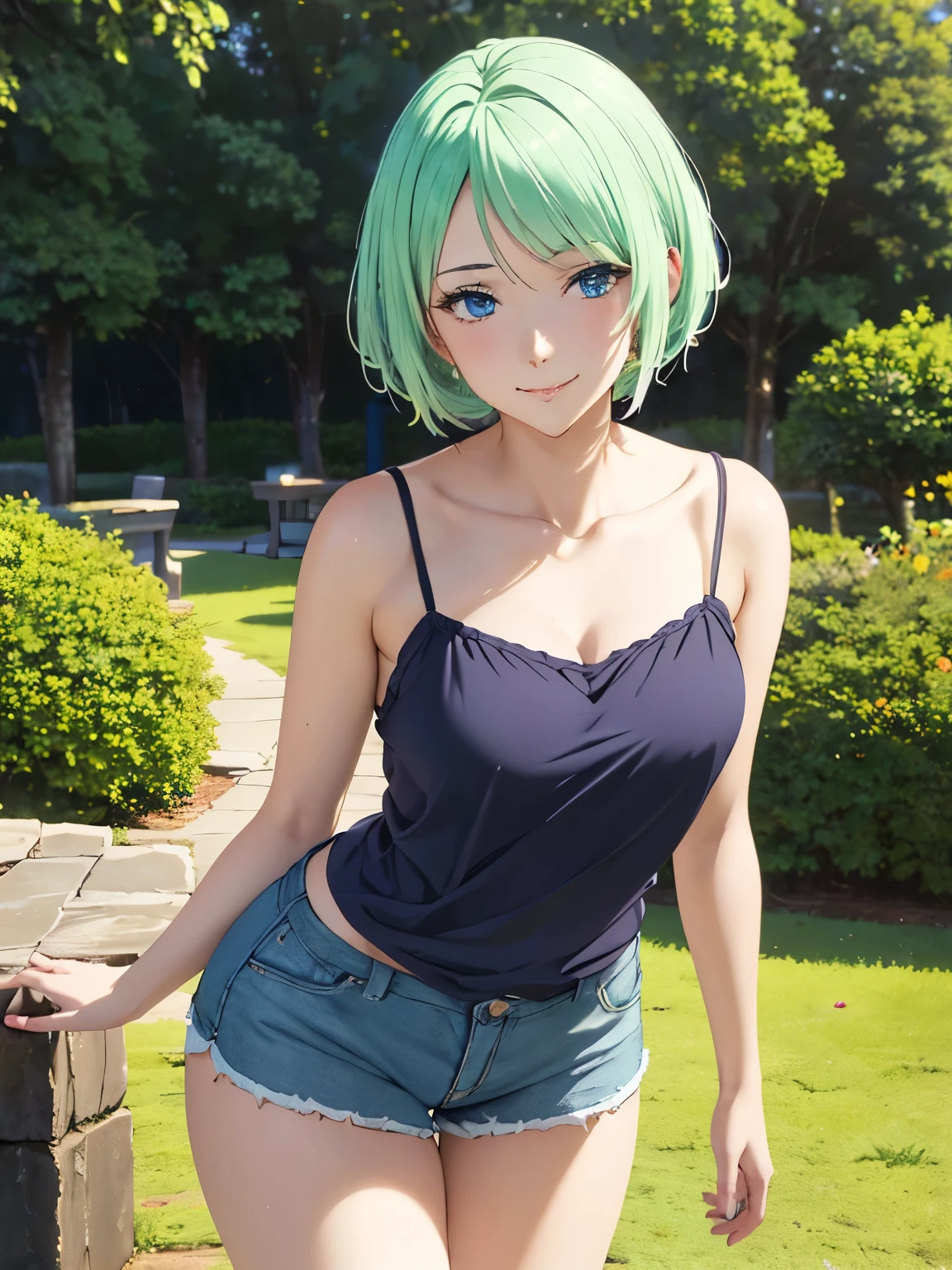 a beautiful detailed young girl with green short hair wearing a camisole and shorts standing in a garden, gorgeous blue eyes, extremely detailed face, closed mouth smiling, (best quality,4k,8k,highres,masterpiece:1.2),ultra-detailed,(realistic,photorealistic,photo-realistic:1.37),private server, hyperdetailed CGI, physically-based rendering, (anime illustration style:1.3), beautiful detailed thighs