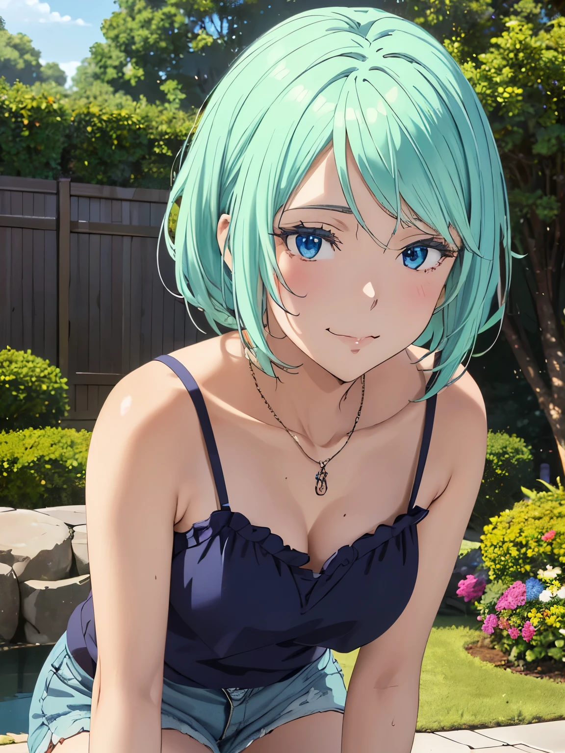 a beautiful detailed young girl with green short hair wearing a camisole and shorts standing in a garden, gorgeous blue eyes, extremely detailed face, closed mouth smiling, (best quality,4k,8k,highres,masterpiece:1.2),ultra-detailed,(realistic,photorealistic,photo-realistic:1.37),private server, hyperdetailed CGI, physically-based rendering, (anime illustration style:1.3), beautiful detailed thighs