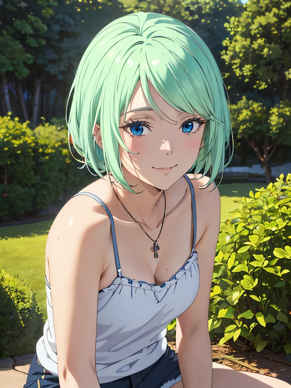 a beautiful detailed young girl with green short hair wearing a camisole and shorts standing in a garden, gorgeous blue eyes, extremely detailed face, closed mouth smiling, (best quality,4k,8k,highres,masterpiece:1.2),ultra-detailed,(realistic,photorealistic,photo-realistic:1.37),private server, hyperdetailed CGI, physically-based rendering, (anime illustration style:1.3), beautiful detailed thighs