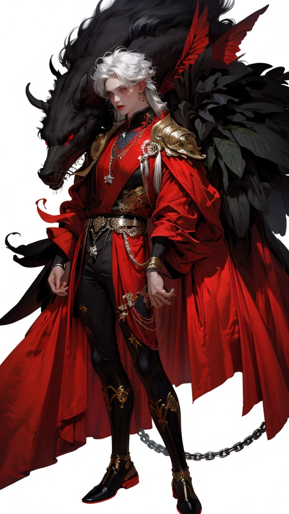 Southeast Asian mullet man, glasses, possess by the devil, half human, god aura, unique design, Solo, 1boy, Long Hair, chain, red and black eyes, fullbody, menacing, surrounded by aura, fog, black and blue color, 