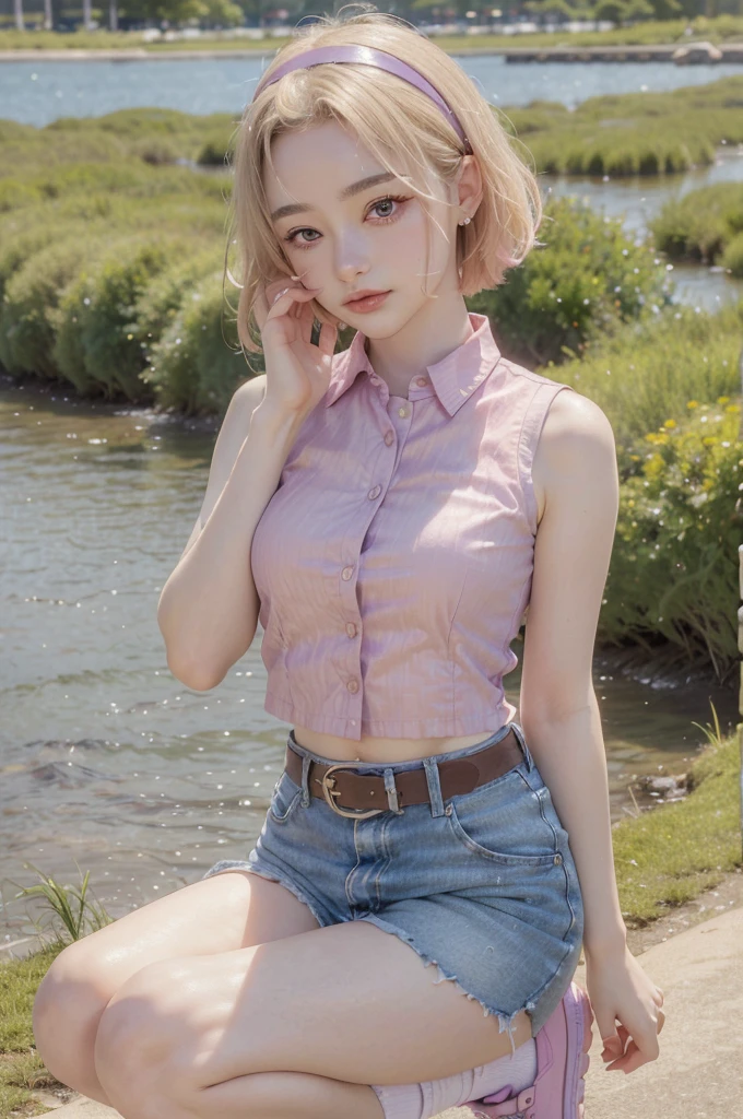 1girl ((30 years old woman)), NOT Dasha Taran, standing position, perfect body, best quality, 32k, photograph, full body (head to toe), tone mapping, ((houjou satoko,short hair,black hairband,blonde hair,violet eyes,hair between eyes,collared shirt,sleeveless shirt,pink shirt,shirt tucked in,small breasts,belt,short shorts,blue shorts,white socks,pink footwear, athletic, big girl)), asian-european, ((golden blonde hair, short hair, purple eyes:1)), perfectly drawn hands, ((masterpiece)), ((highres)), ((detailed background)), japanese village background, next to a river, (big proportions), cute pose, smiling, ((perfect eyes, detailed eyes, realistic eyes)), ((sharp face, detailed face, realistic face, natural skin, realistic skin, detailed skin, pores)), 