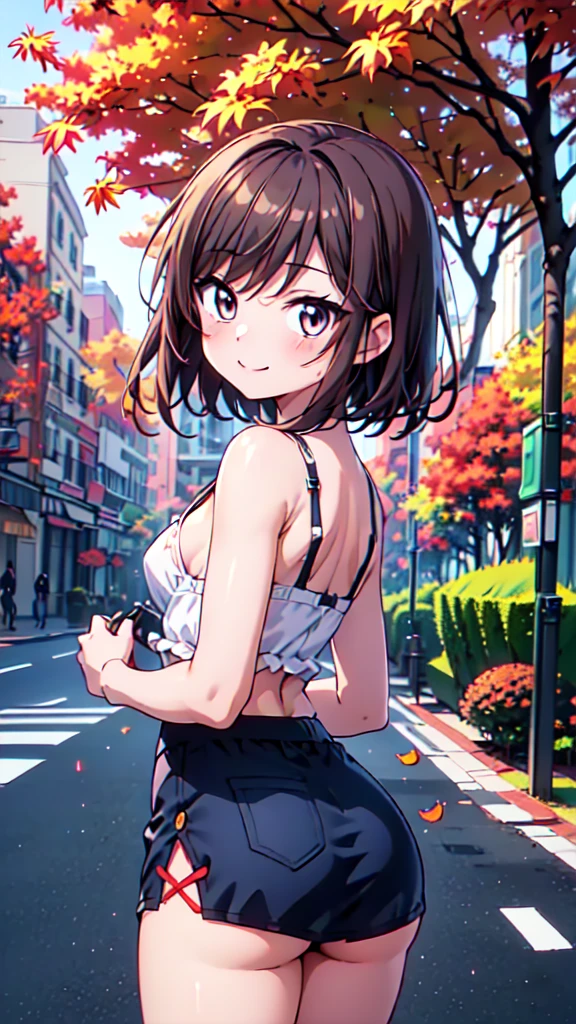 1girl, solo, panty peek, photo, master composition, realistic lighting effects, from the side, apricot hair, pigtails, cropped red t-shirt, trim b shorts, from below, showing butt, navel, earrings, studs , bracelet, blushing, walking, slow walk, confidence, outdoors, detailed streets, city streets, cars, traffic lights, crowd, lively, passers-by, zebra crossing, signboards, buildings, buildings, blue sky, white clouds, in the sky s plane