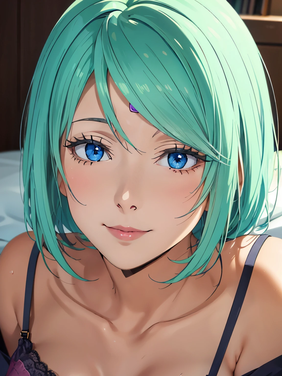 a beautiful young girl with short green hair, a bra and shorts, lying on a bed in a bedroom, smiling with her eyes opened, extremely detailed face, photorealistic, 4k, 8k, ultra-detailed CGI, high resolution, ultra high resolution, perfect lighting, physically-based rendering, (realistic, photorealistic:1.37), (anime illustration style:1.3)