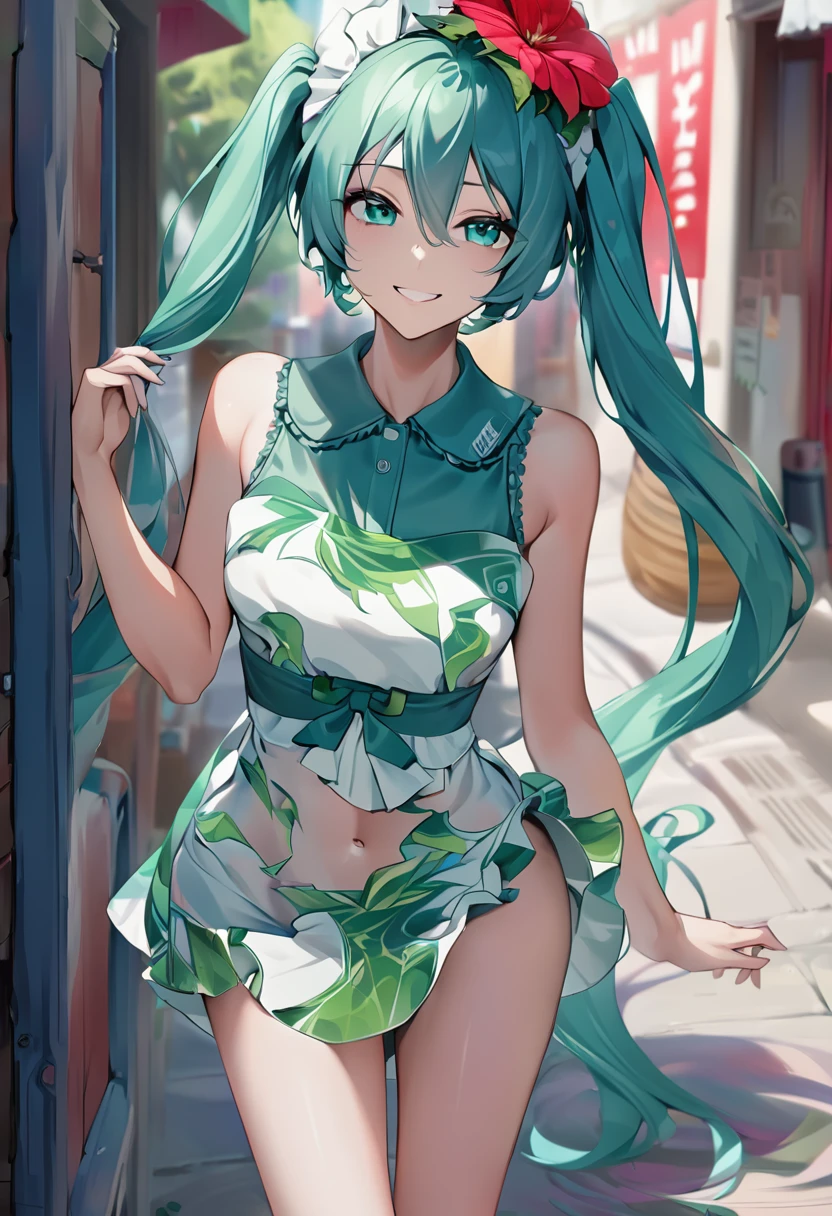 ((top quality, 8 k, masterpiece: 1.3)), 1 girl, slender beauty: 1.3, (Long hair: 1.2), flower dress, Long legs: 1.1, Very thin face, beautiful eyes, outdoors, masterpiece, best quality, Vocaloid, Miku, sea green hair, sea green eyes, Long hair, two ponytails, goodsmile racing, tan, hat on head, , life, navel, looks at the viewer, on the street, wide smile