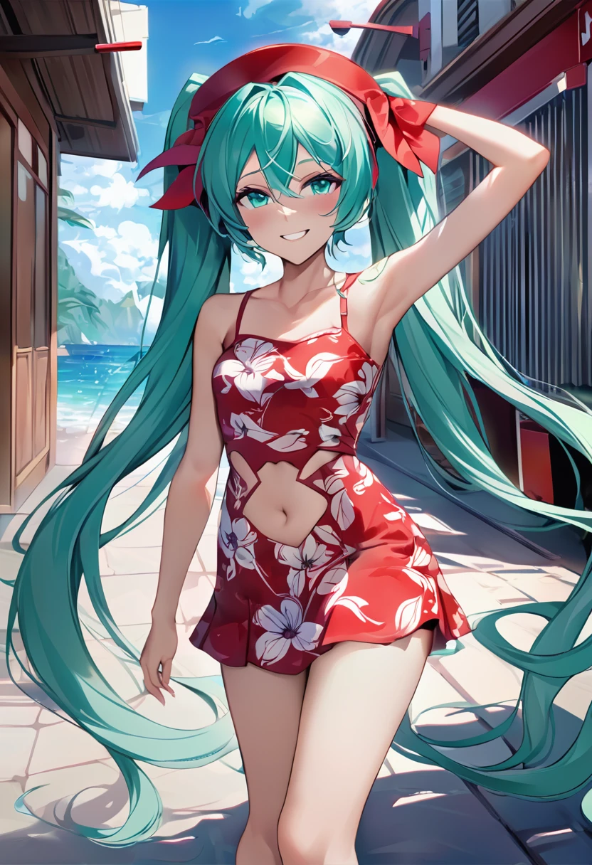 ((top quality, 8 k, masterpiece: 1.3)), 1 girl, slender beauty: 1.3, (Long hair: 1.2), flower dress, Long legs: 1.1, Very thin face, beautiful eyes, outdoors, masterpiece, best quality, Vocaloid, Miku, sea green hair, sea green eyes, Long hair, two ponytails, goodsmile racing, tan, hat on head, , life, navel, looks at the viewer, on the street, wide smile