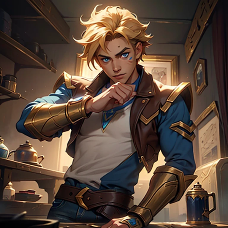 splash art by Ezreal, a 20 year old man, blue eyes, golden messy curly hair, beautiful body, incredible cute beauty, blue triangles on his cheek, a white t-shirt, with a brown leather jacket, jeans, he has a gauntlet on one of the golden hands with a magic blue stone, dynamic pose 4k hd.