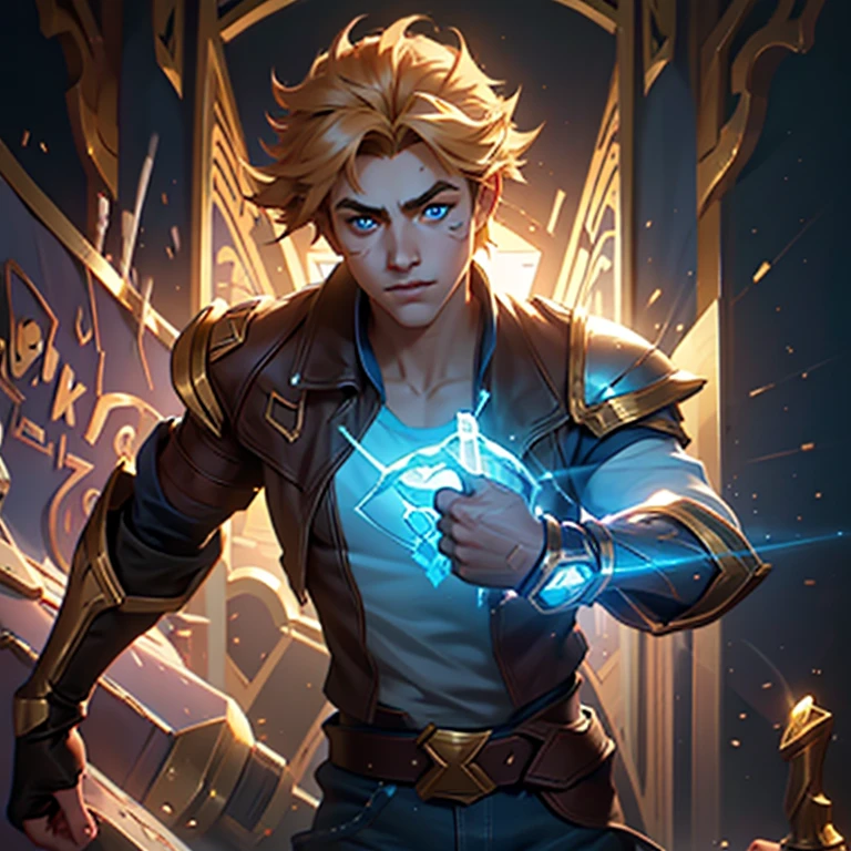 splash art by Ezreal, a 20 year old man, blue eyes, golden messy curly hair, beautiful body, incredible cute beauty, blue triangles on his cheek, a white t-shirt, with a brown leather jacket, jeans, he has a gauntlet on one of the golden hands with a magic blue stone, dynamic pose 4k hd.