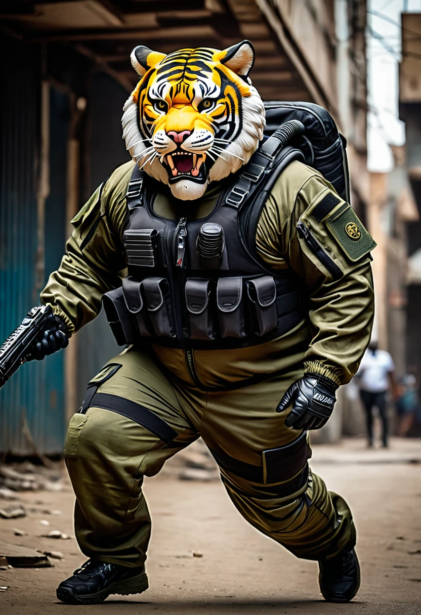 (a dark-skinned fat muscular old man in a bulky army camouflage zipper diver suit) thumbs up pose, carrying an AK-47, (wearing a small-sized realistic roaring tiger mask), dynamic action pose, fierce expression, roaring, showcasing an imposing stature, surrounded by military elements, dramatic shadows and intense highlights, cinematic color tones, high detail, powerful, art influenced by Bruce Onobrakpeya and Stanley Artgerm, ultra-detailed, best quality image, action-packed atmosphere. 