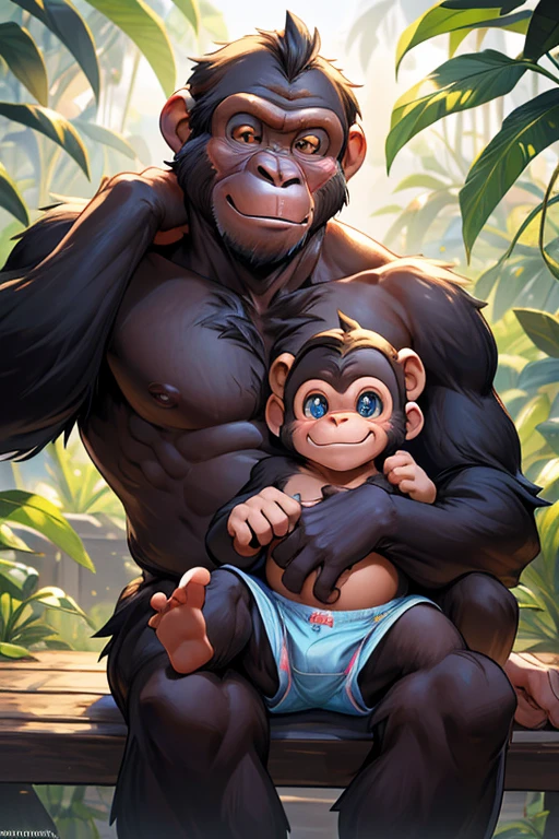 1 cheeky chimp family,1 baby chimpanzee,1 mother chimpanzee,1 father chimpanzee,thick diapers,adorable,playful,cute,mischievous,comical,detailed fur texture,expressive eyes and face,natural lighting,vibrant colors,highly detailed,photorealistic,8k,masterpiece