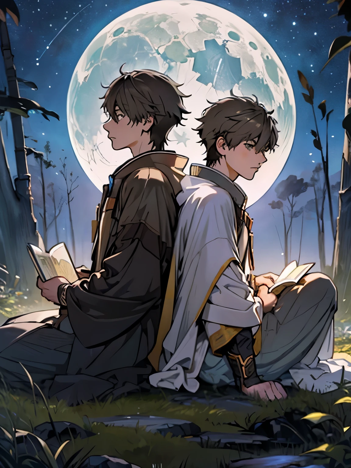 Two young boys are sitting back-to-back under a vast starry sky. One boy has slightly messy, light brown hair tied loosely, and the other has a neat appearance, holding a book. They are gazing upward at a magnificent expanse of stars, surrounded by a calm, natural setting. The scene is peaceful and filled with a sense of wonder. The boys are seated on a grassy hill with a few scattered trees, the moon casting a soft glow over the landscape.