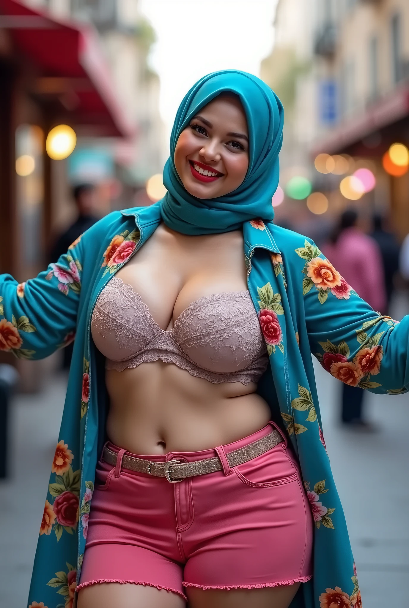 close-up portrait of a beautiful chubby curve body woman in hijab walking at busy street in the morning, wearing red bikini top and bikini bottom, ((heavy big breast)), showing large cleavage, reeds, (backlight), realistic, masterpiece, soft smile, high quality, lens reflection, shadow, flower, [[chromatic aberration]], by Jeremy Lipking, by Antonio J. Manzanedo, digital painting,